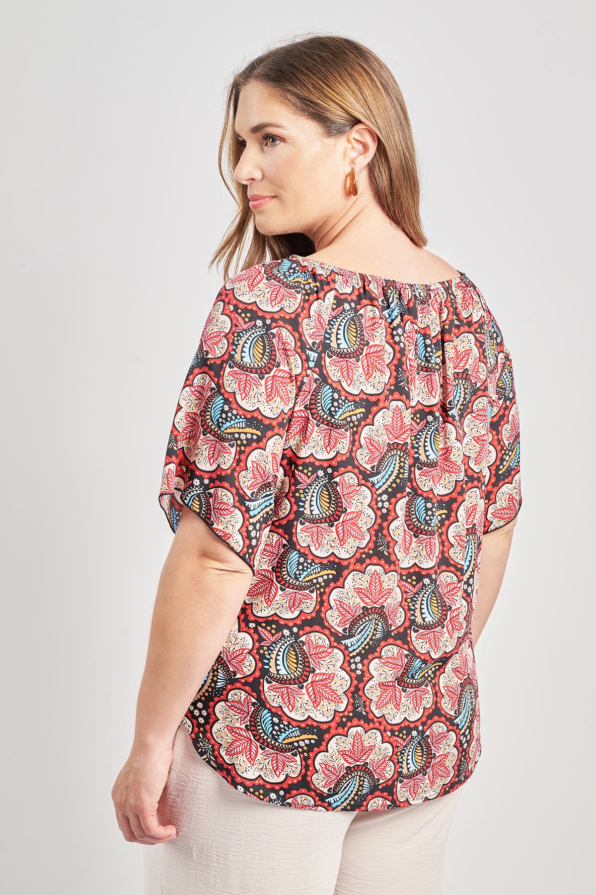 Printed rayon blouse with elastic neckline - Red