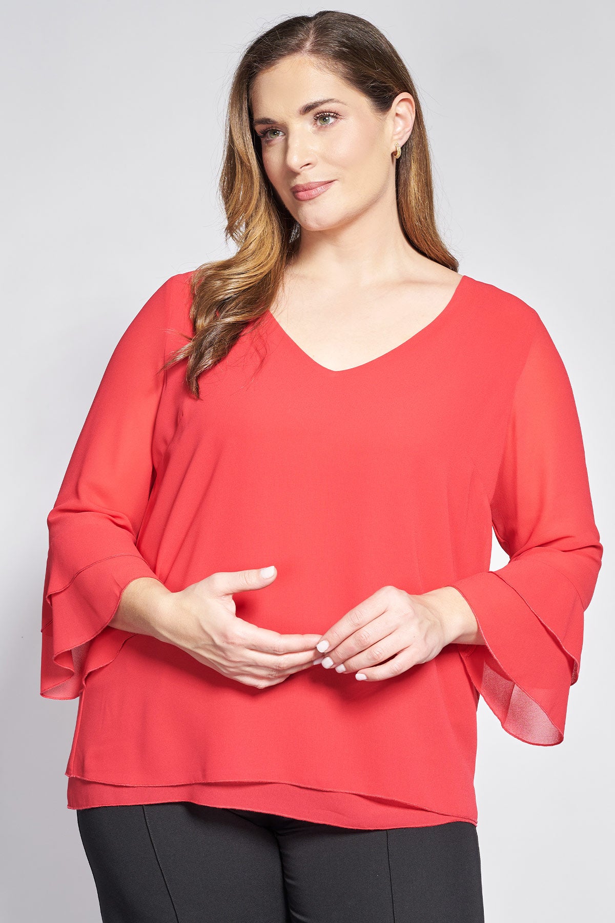 Double layer georgette blouse with ruffled sleeves - Red
