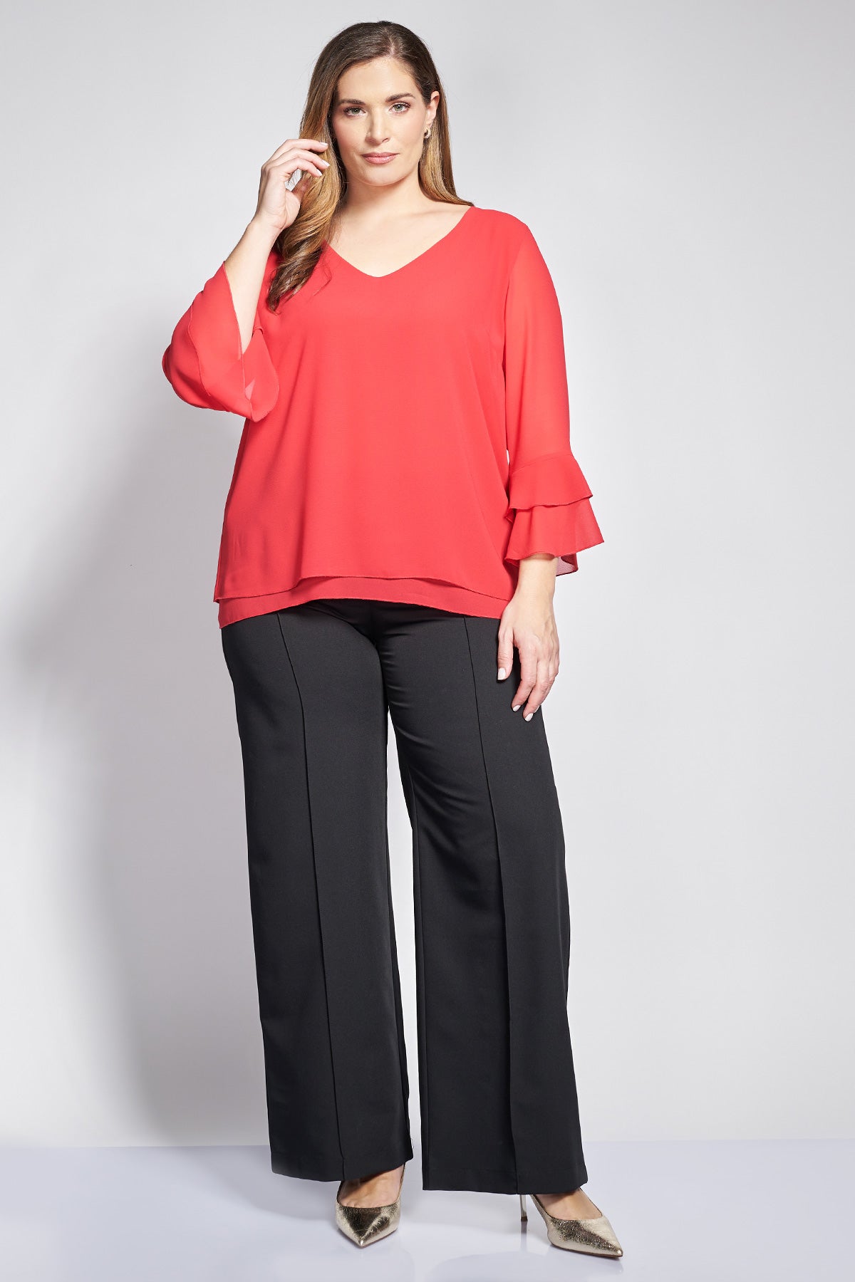Double layer georgette blouse with ruffled sleeves - Red