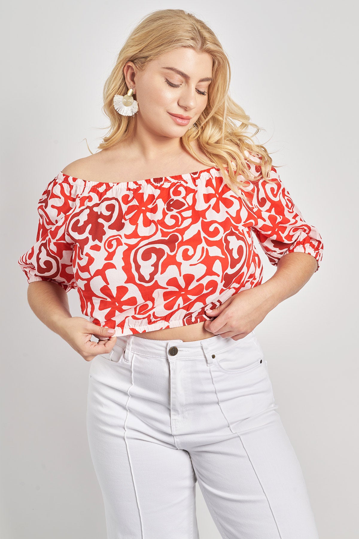Boho print cotton off-shoulder top - Red