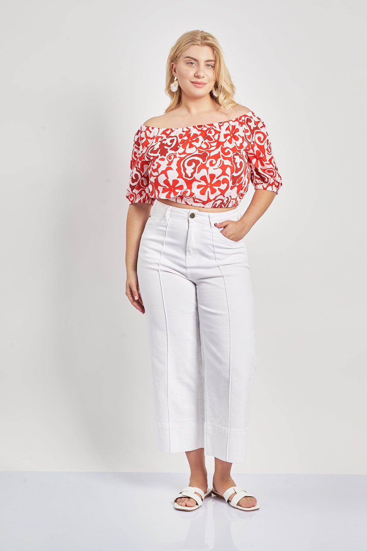 Boho print cotton off-shoulder top - Red