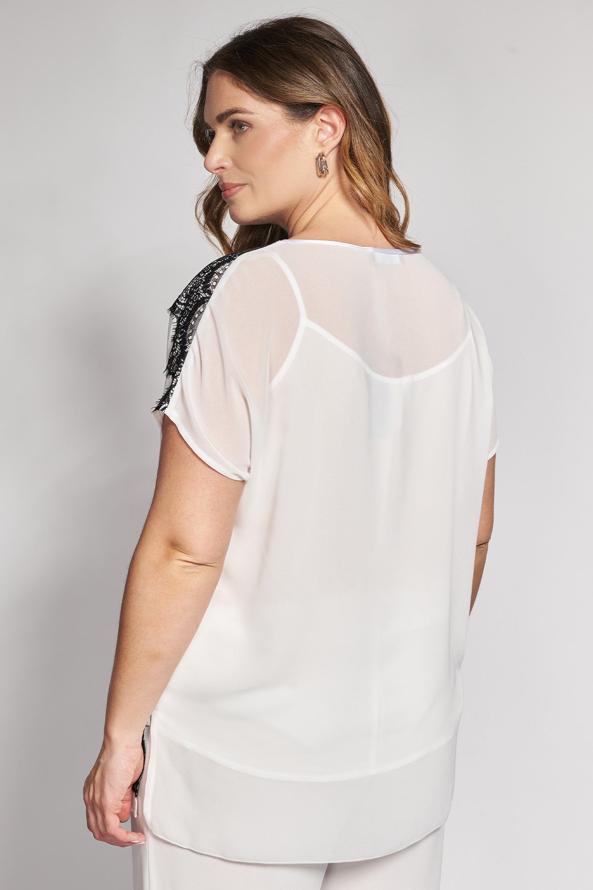 Blouse with lace details and sheer panel - White