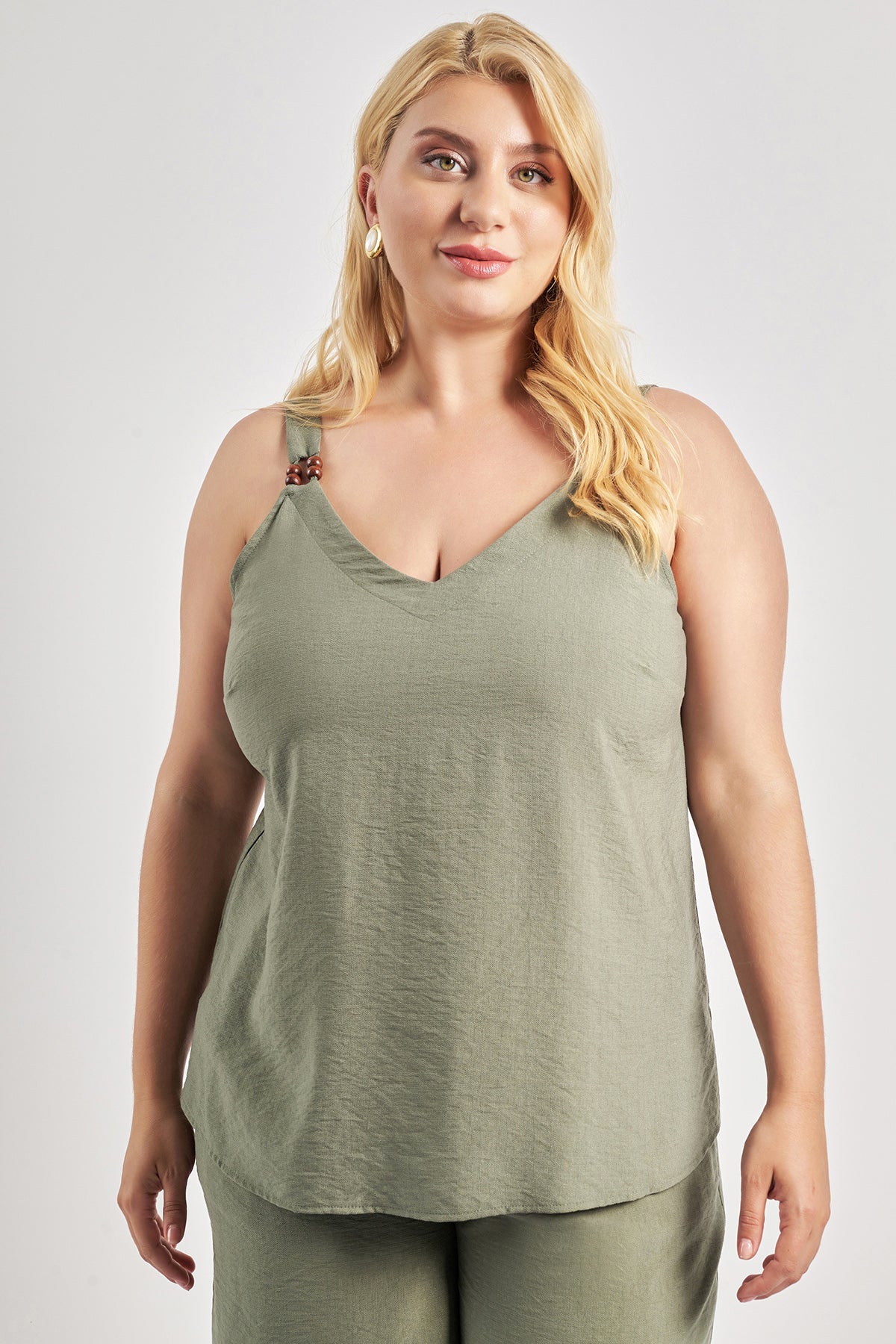 Linen-look strap blouse with beads - Khaki