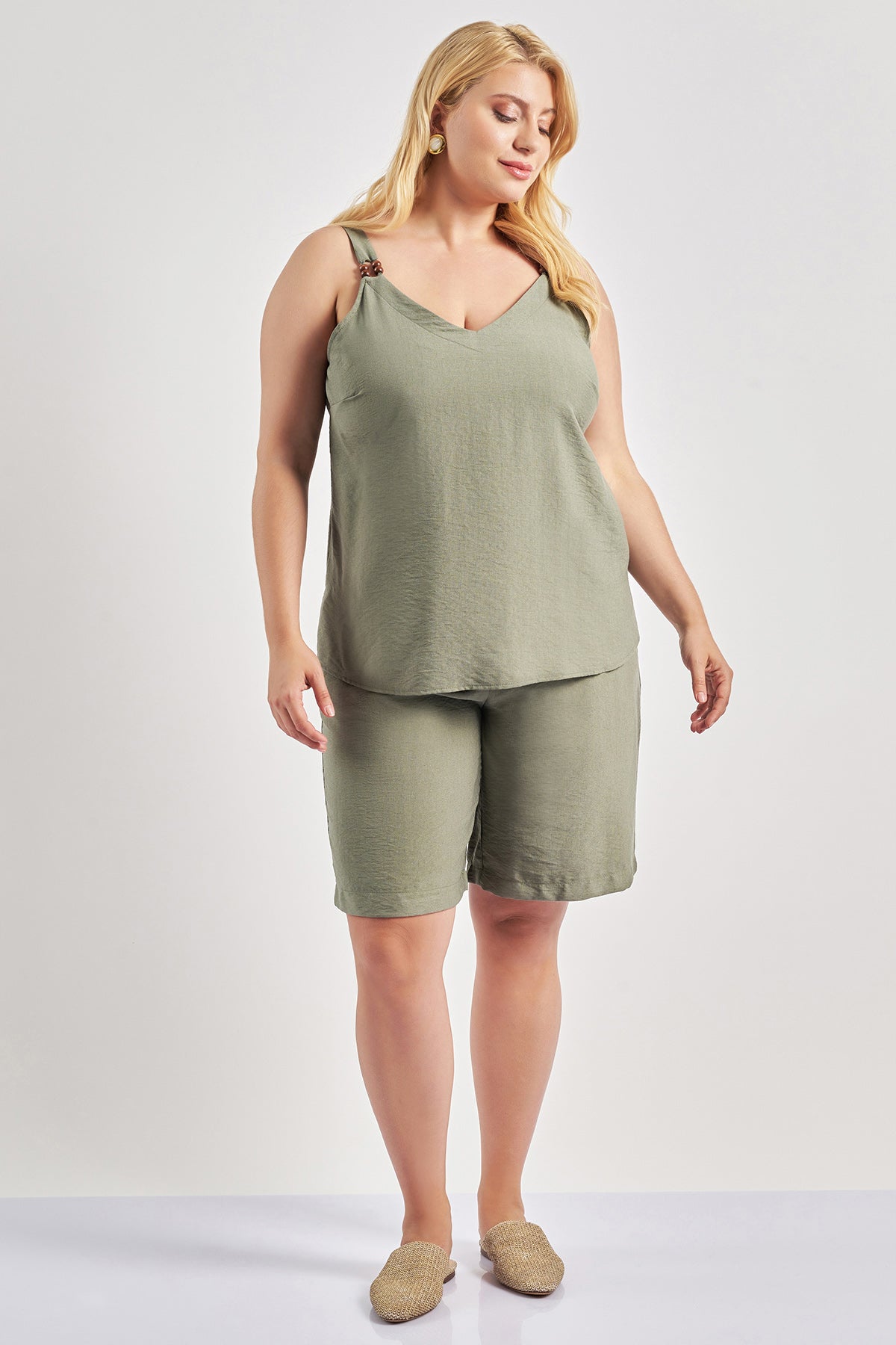 Linen-look strap blouse with beads - Khaki