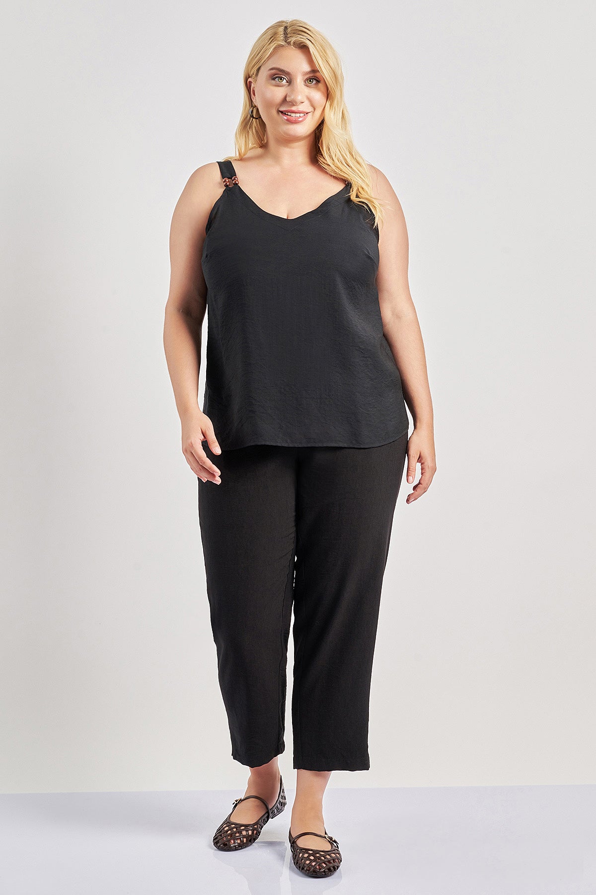 Linen-look strap blouse with beads - Black