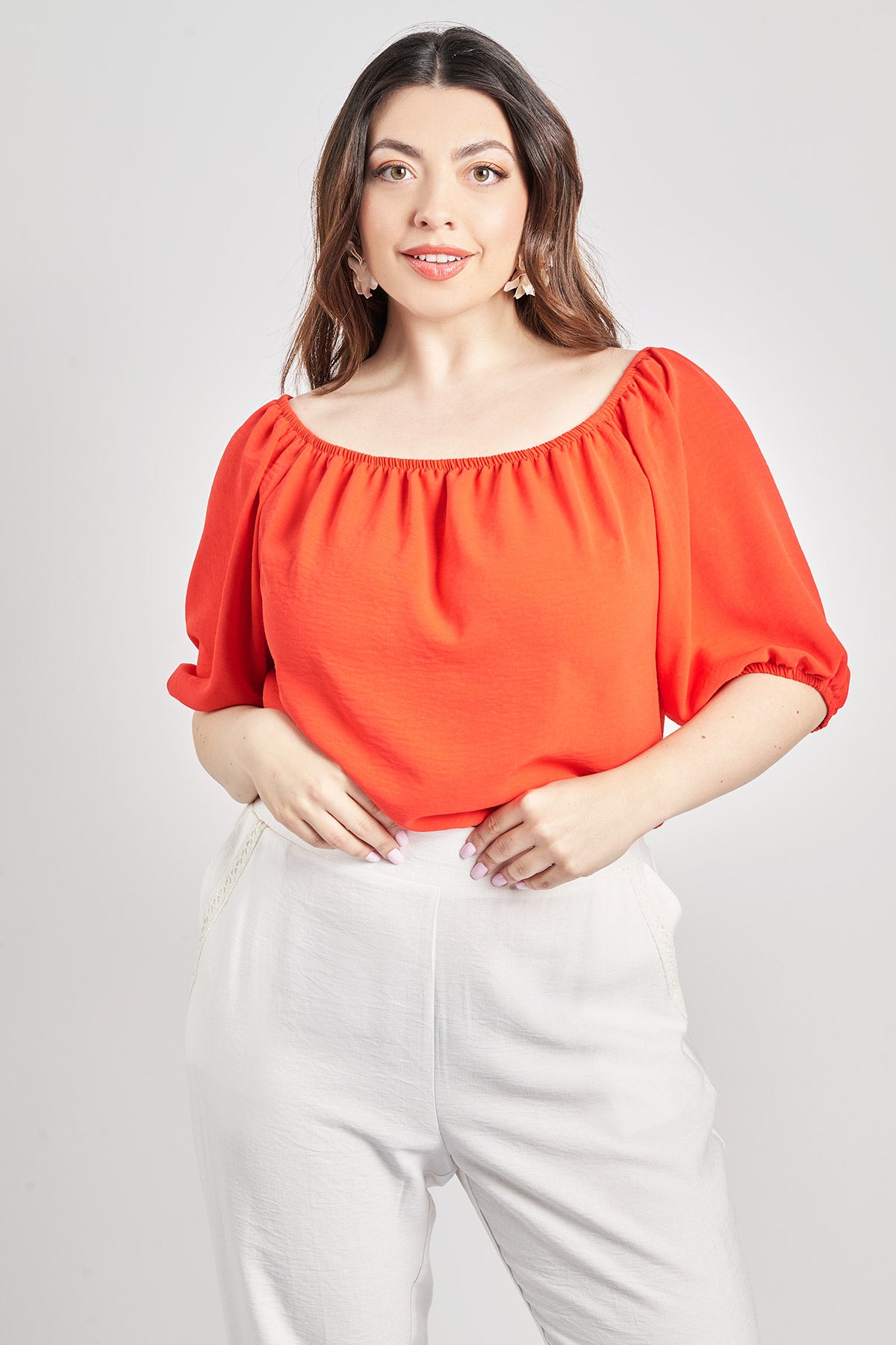 Μπλούζα off-shoulder washed ανάγλυφο - Κόκκινο