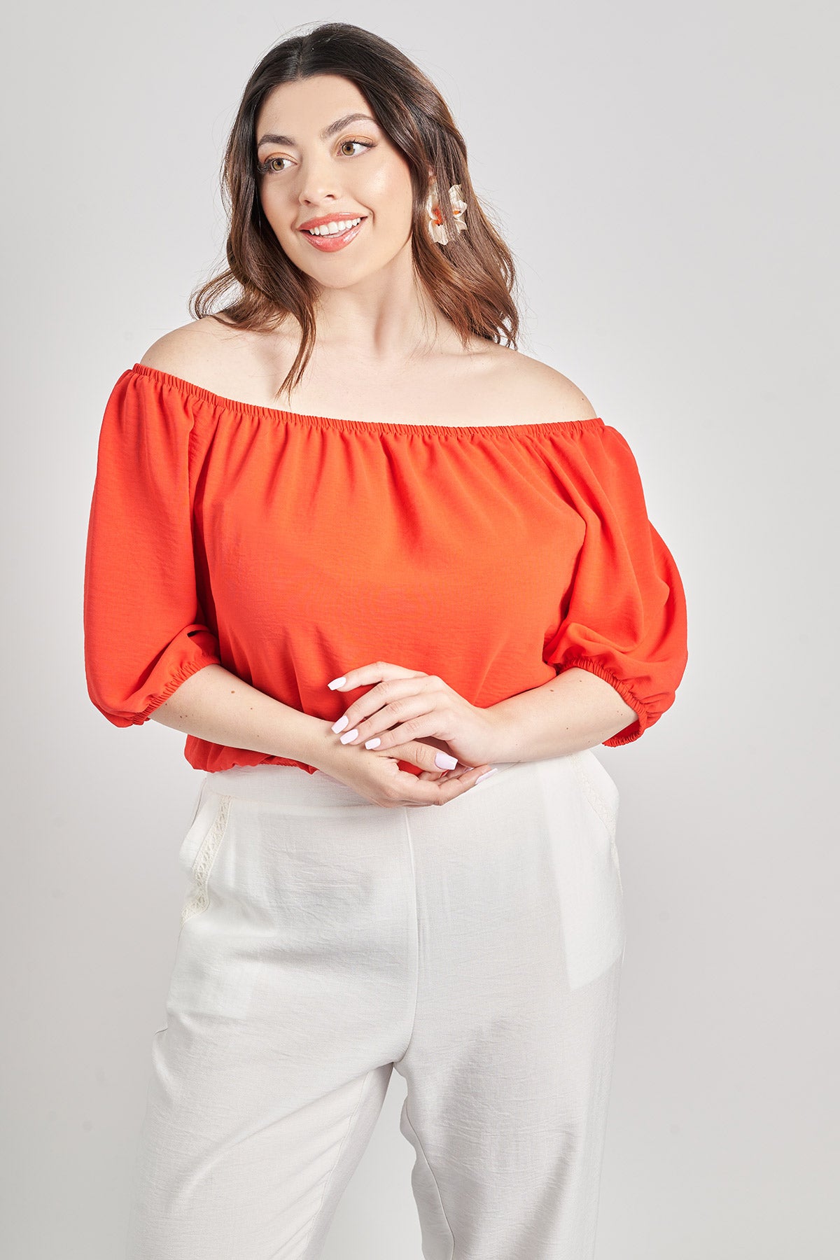 Off-shoulder top in textured washed - Red
