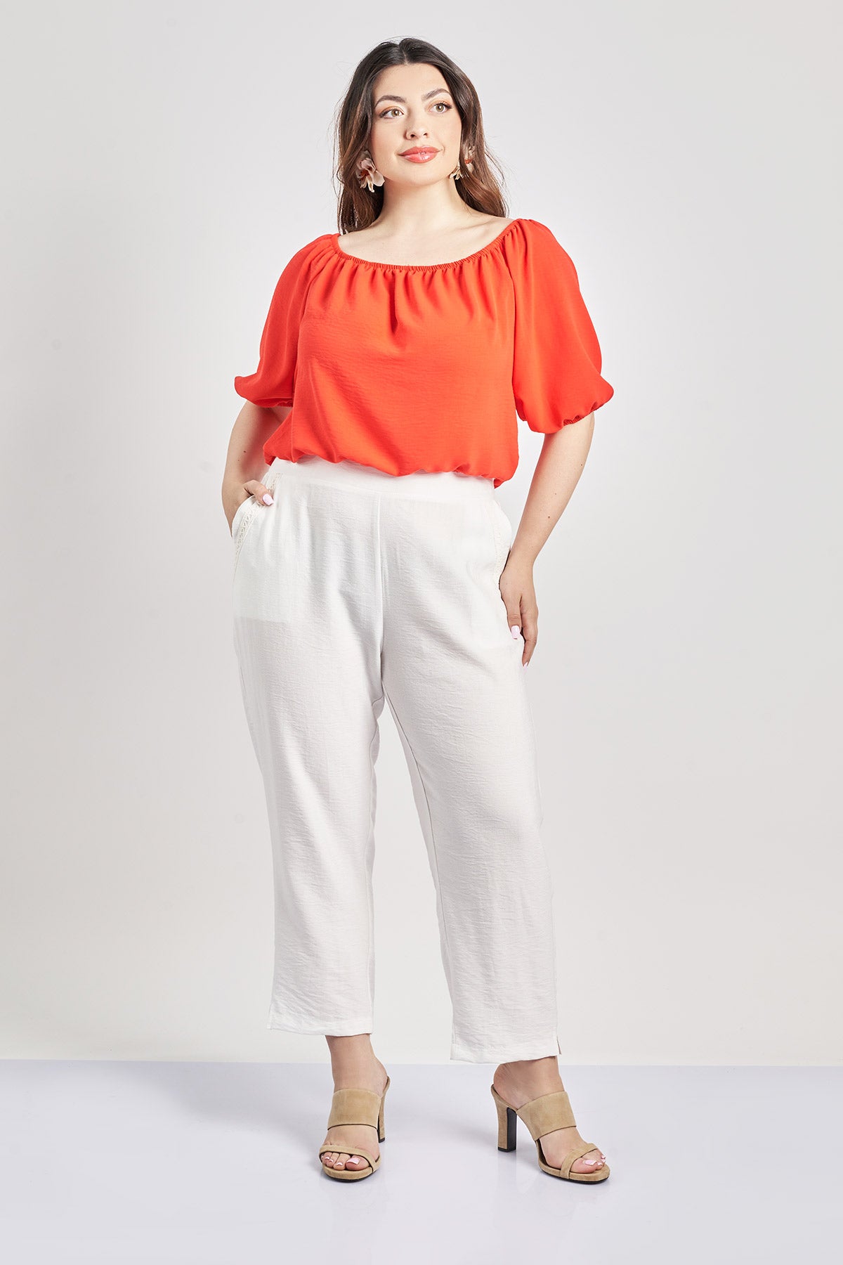Off-shoulder top in textured washed - Red