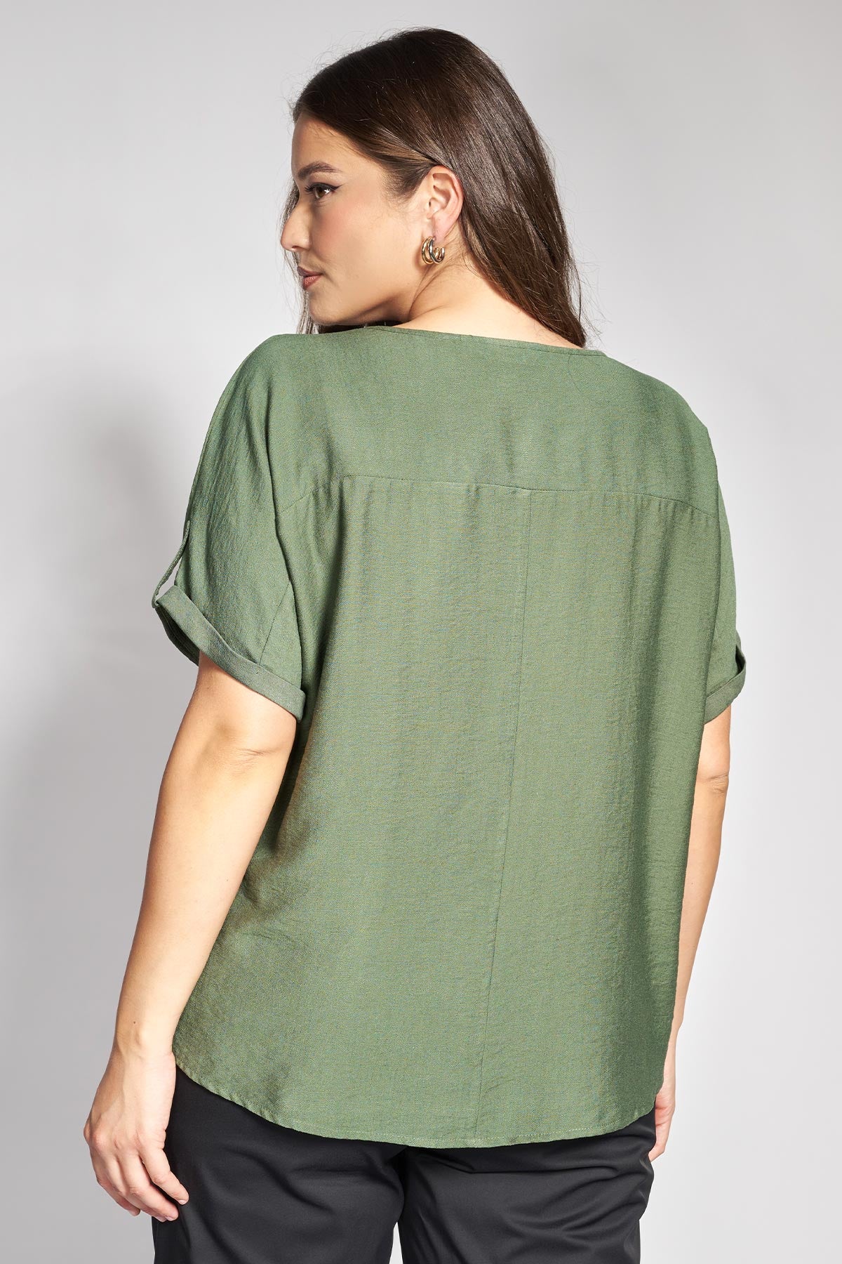 Linen-Look V-neck Blouse with Inverted Pleat Detail - Khaki