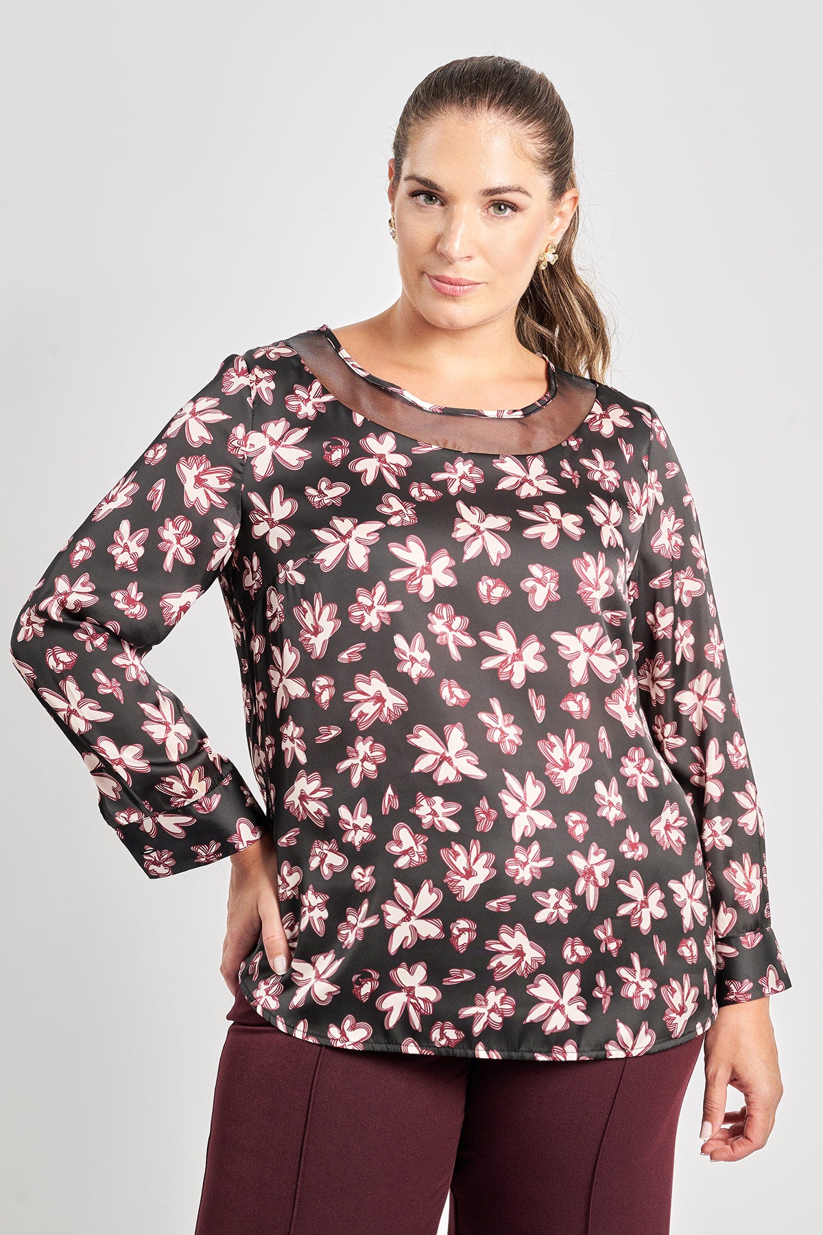Floral print satin blouse with sheer detail - Black