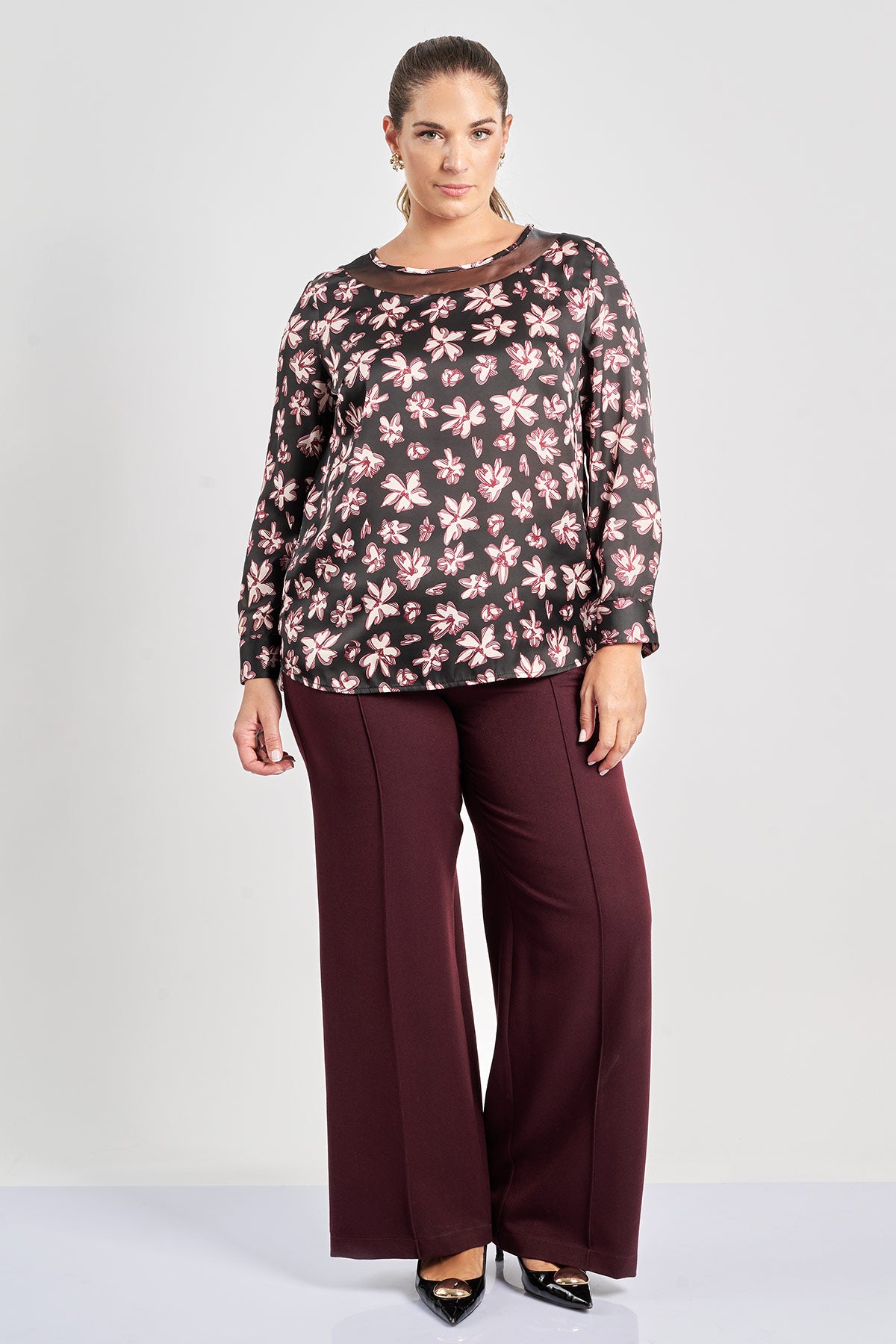 Floral print satin blouse with sheer detail - Black