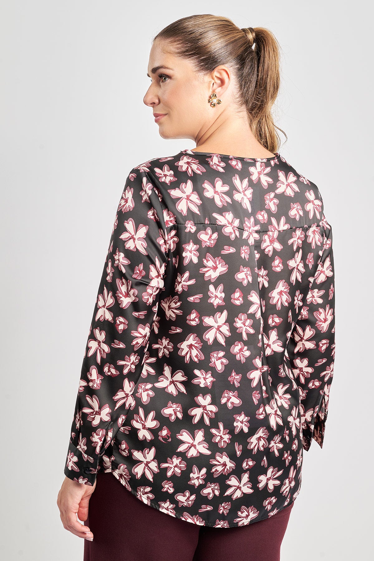 Floral print satin blouse with sheer detail - Black