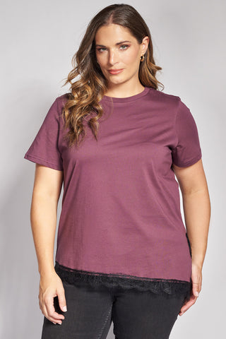 Asymmetric Hem Cotton Top with Lace Trim - Dark Purple