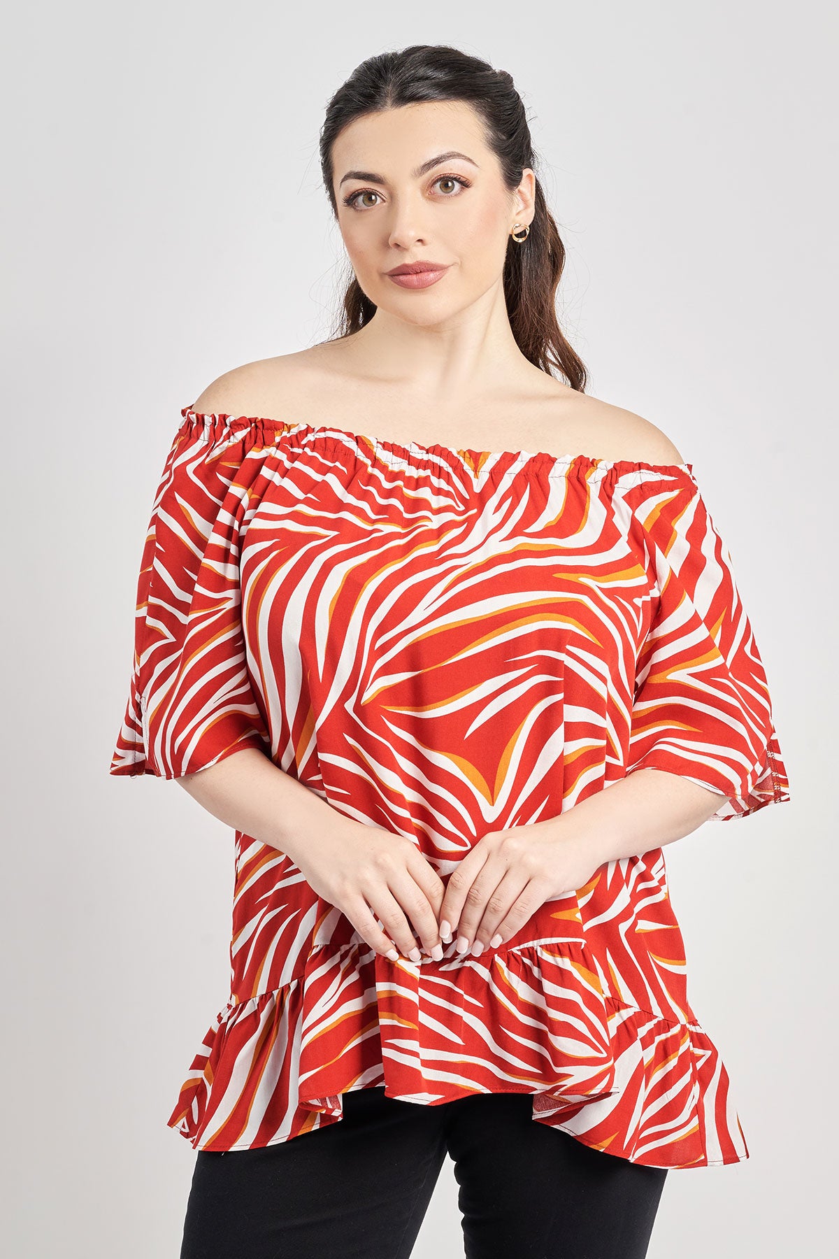 Μπλούζα βισκόζη off-shoulder με βολάν εμπριμέ τρόπικαλ - Εκρού