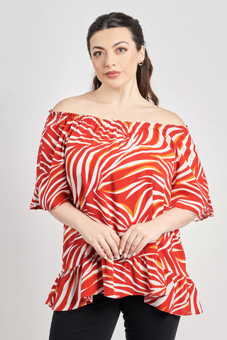 Μπλούζα βισκόζη off-shoulder με βολάν εμπριμέ τρόπικαλ - Εκρού