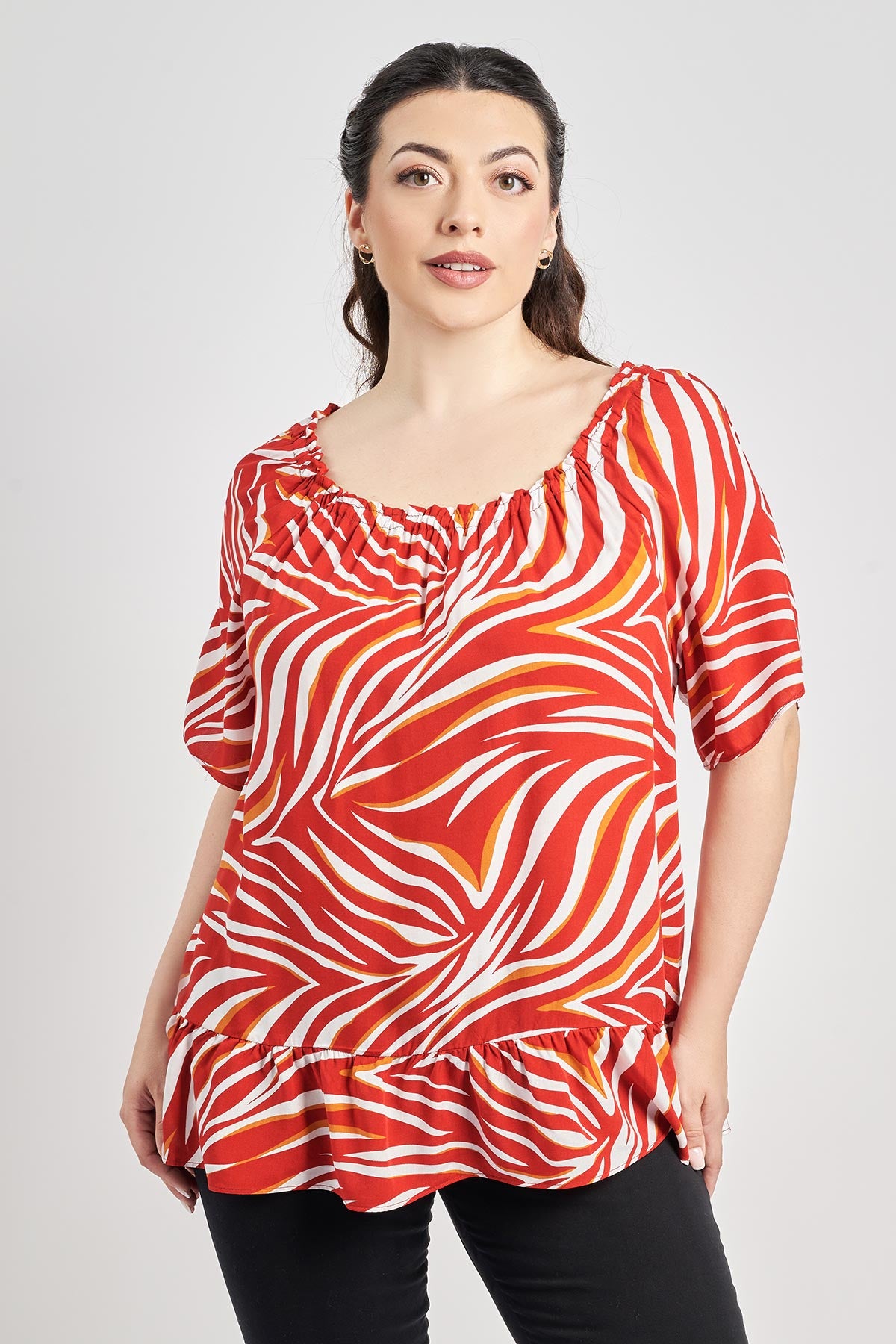 Off-shoulder tropical print viscose blouse with ruffle - Ecru