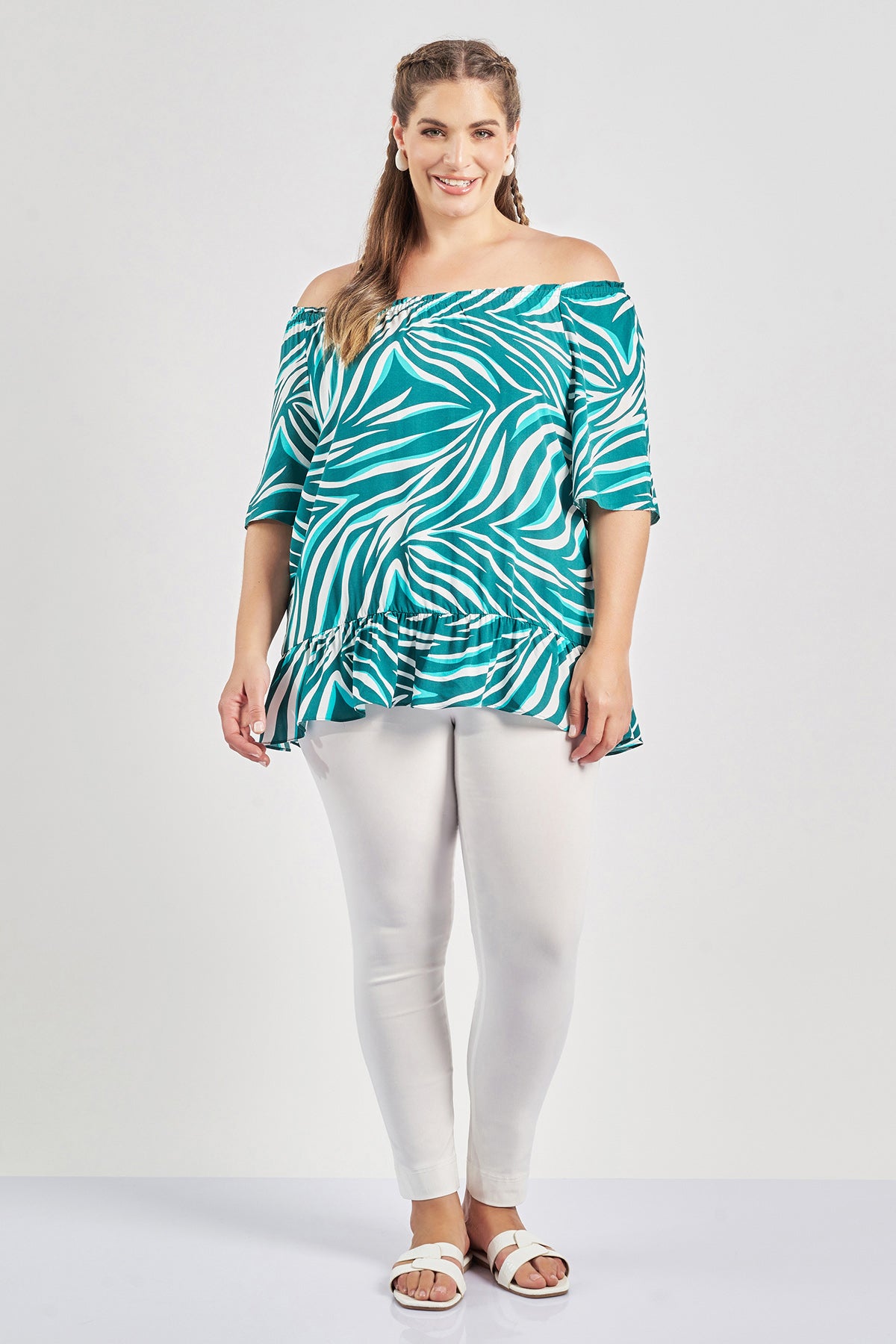 Off-shoulder tropical print viscose blouse with ruffle - Green