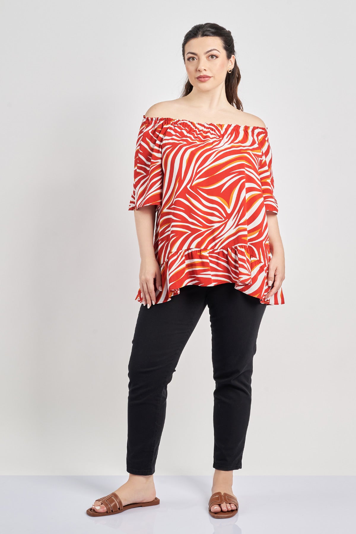 Off-shoulder tropical print viscose blouse with ruffle - Ecru