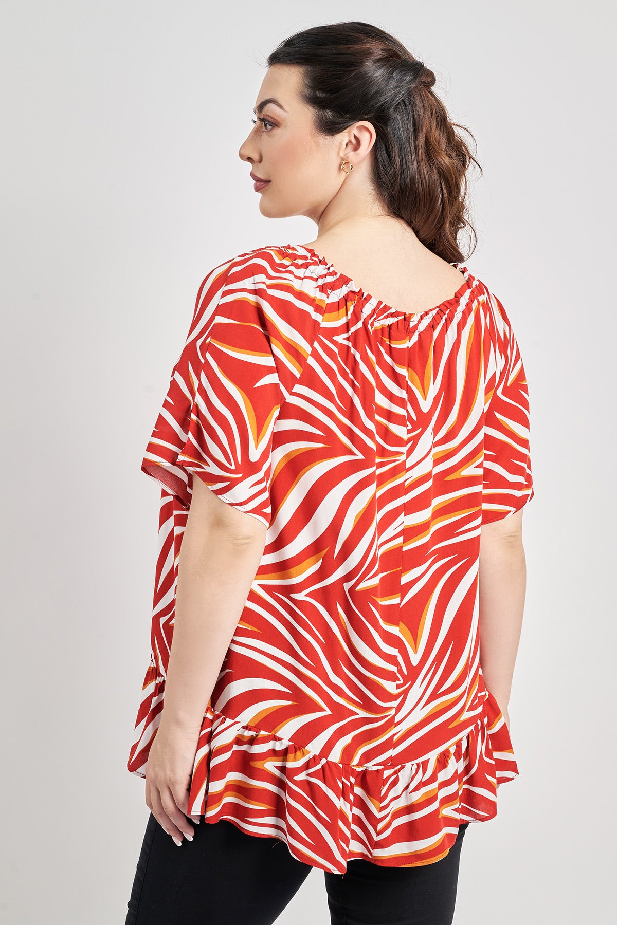 Off-shoulder tropical print viscose blouse with ruffle - Ecru