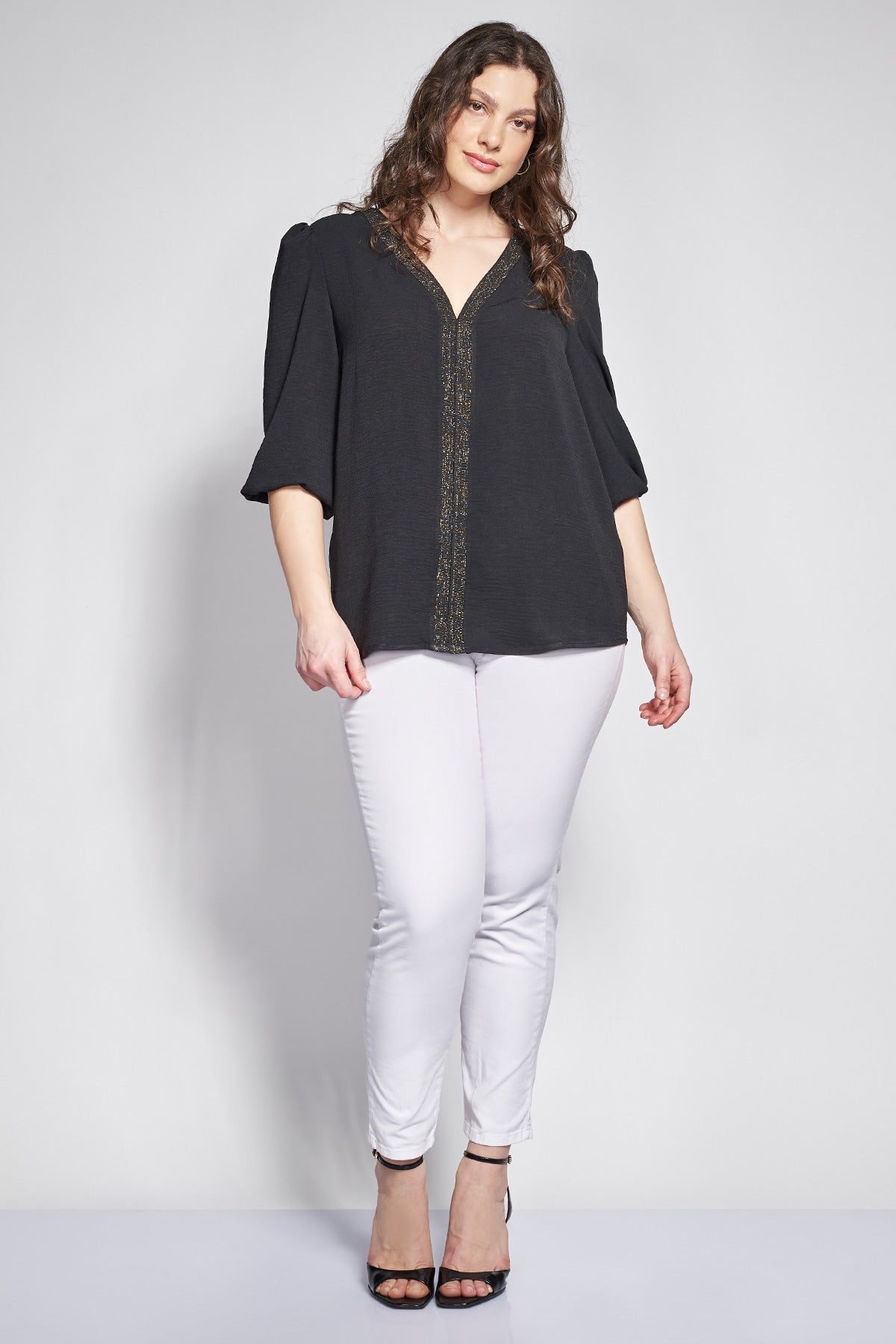Blouse with decorative braided trim textured washed - Black