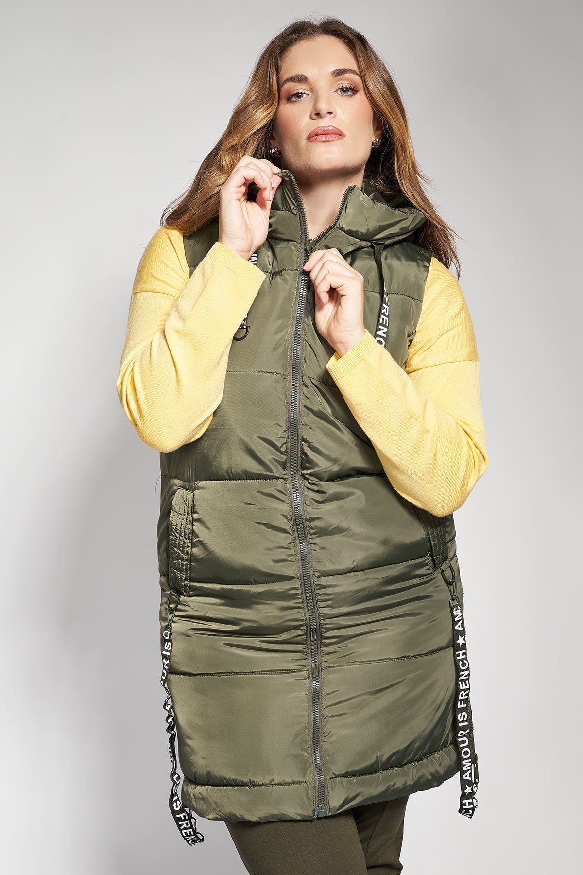 Sleeveless quilted jacket with hood and logo zipper tapes - Khaki