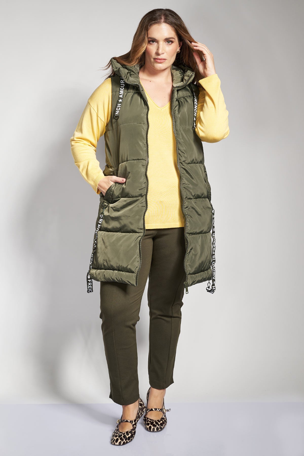 Sleeveless quilted jacket with hood and logo zipper tapes - Khaki