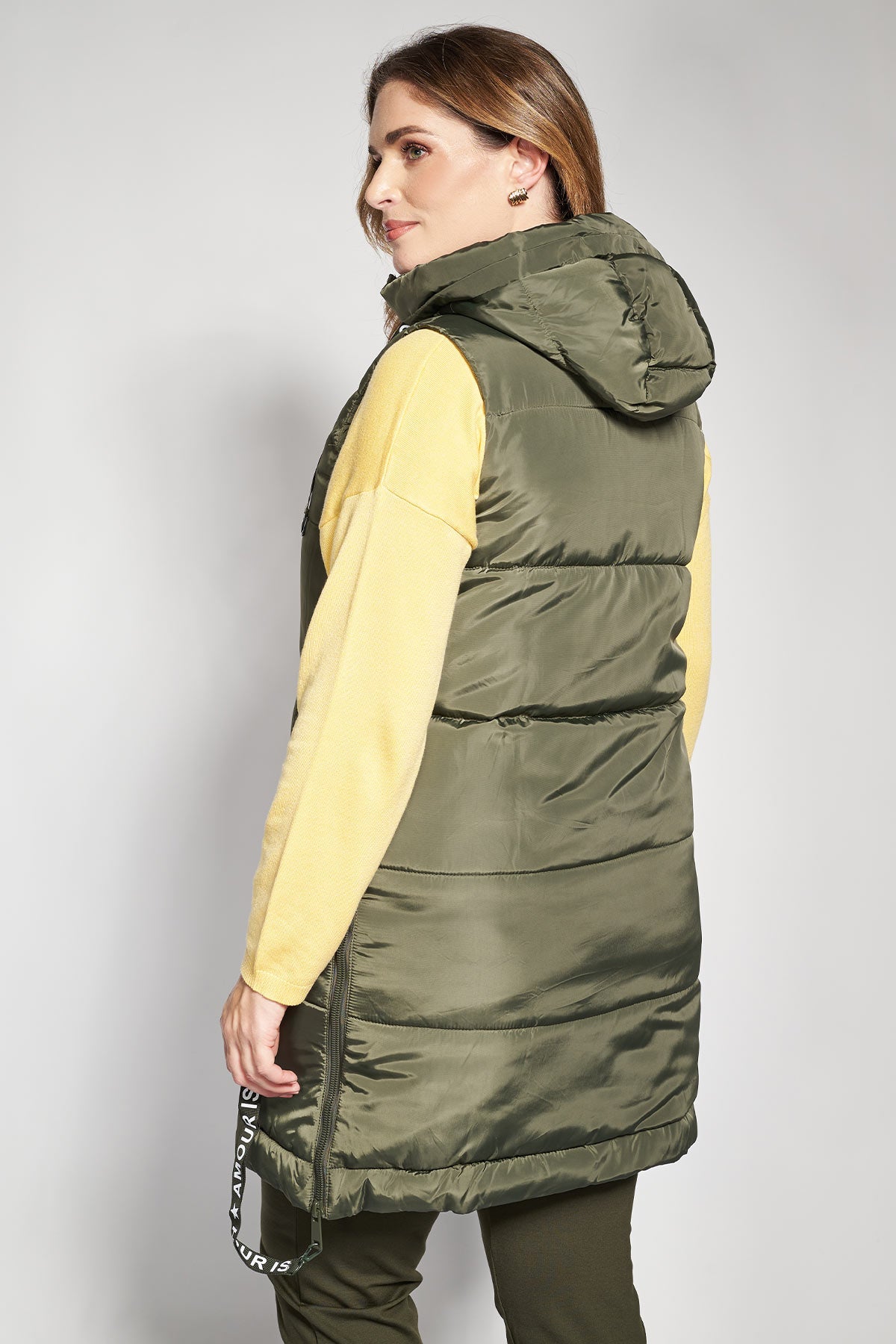 Sleeveless quilted jacket with hood and logo zipper tapes - Khaki