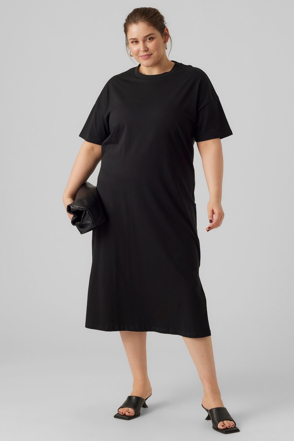 Oversized Μακρύ Φόρεμα T-Shirt με Πλαϊνά Σκισίματα VERO MODA - Μαύρο