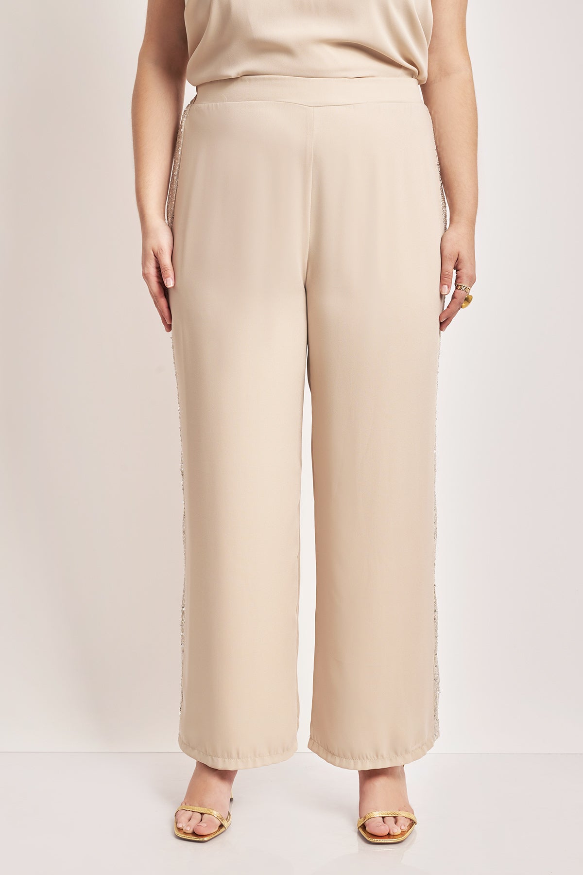 Wide leg evening trousers with sequins - Beige