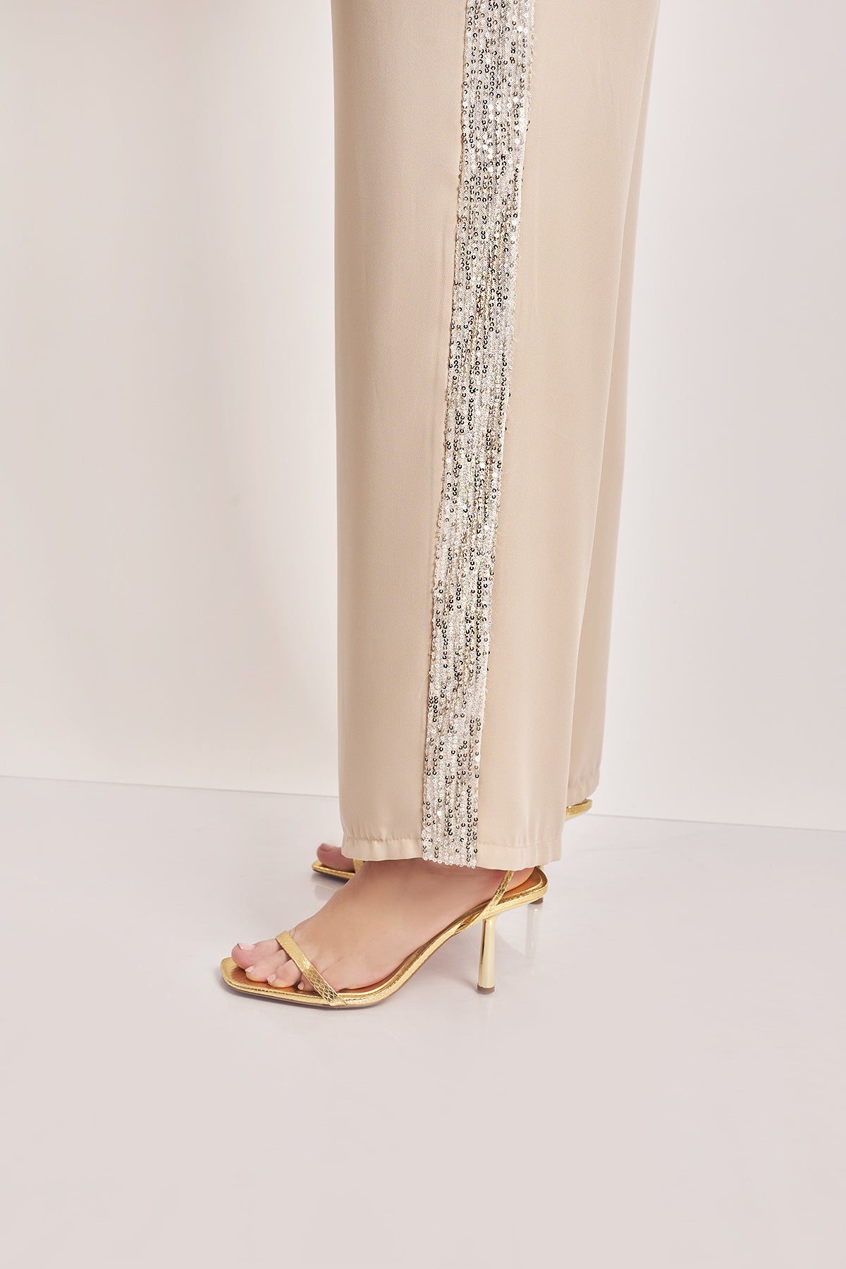 Wide leg evening trousers with sequins - Beige
