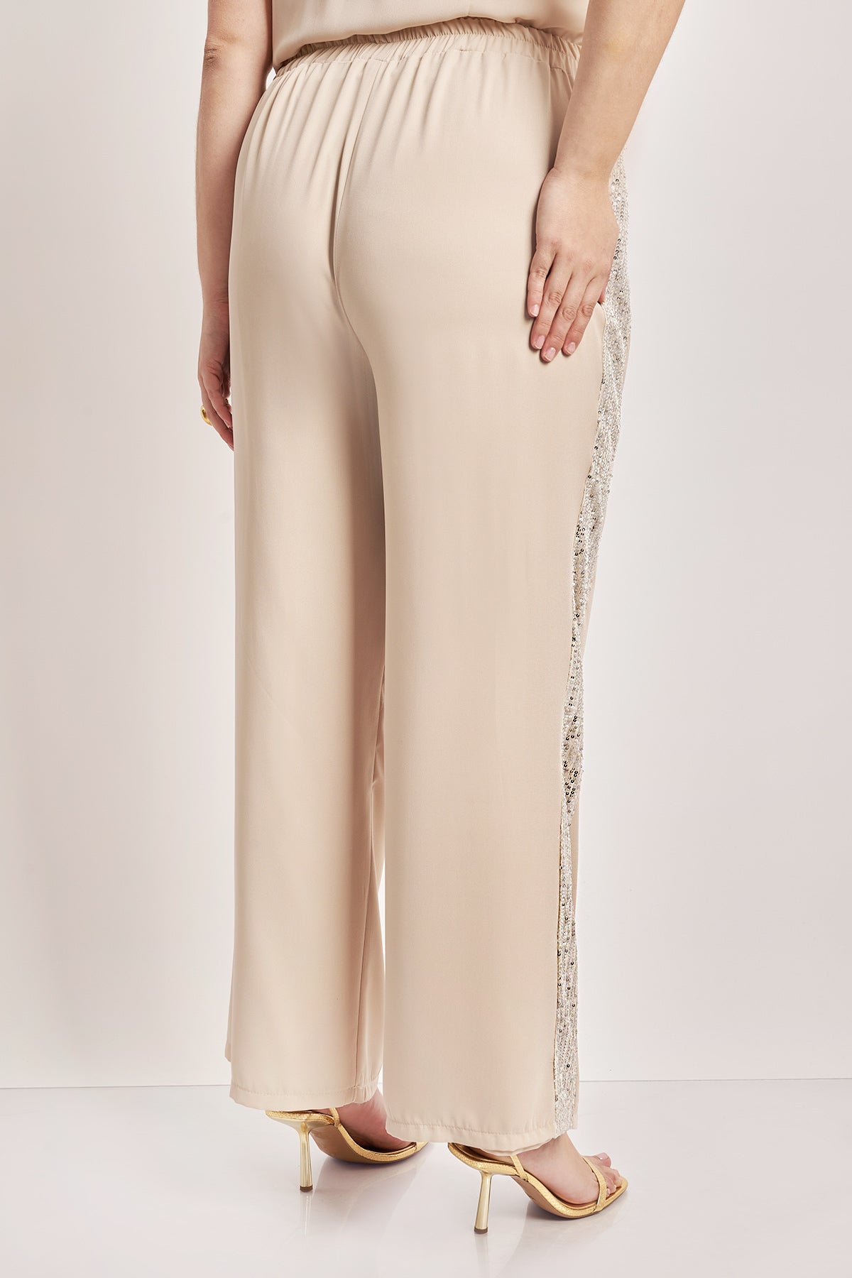 Wide leg evening trousers with sequins - Beige