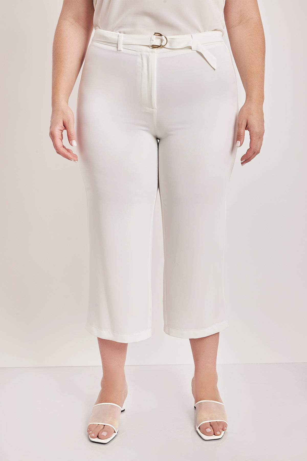 Cropped crepe trousers with belt - White