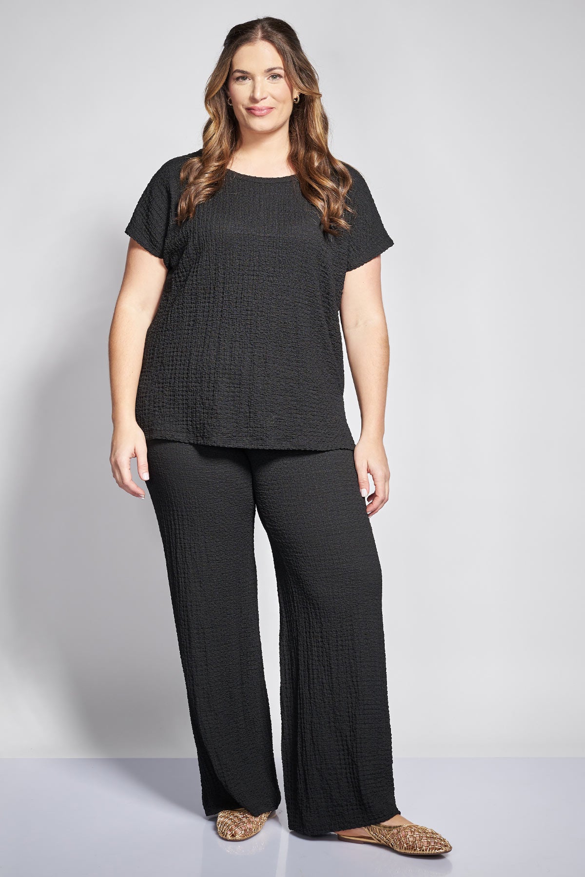Seersucker jersey wide leg trousers - Black
