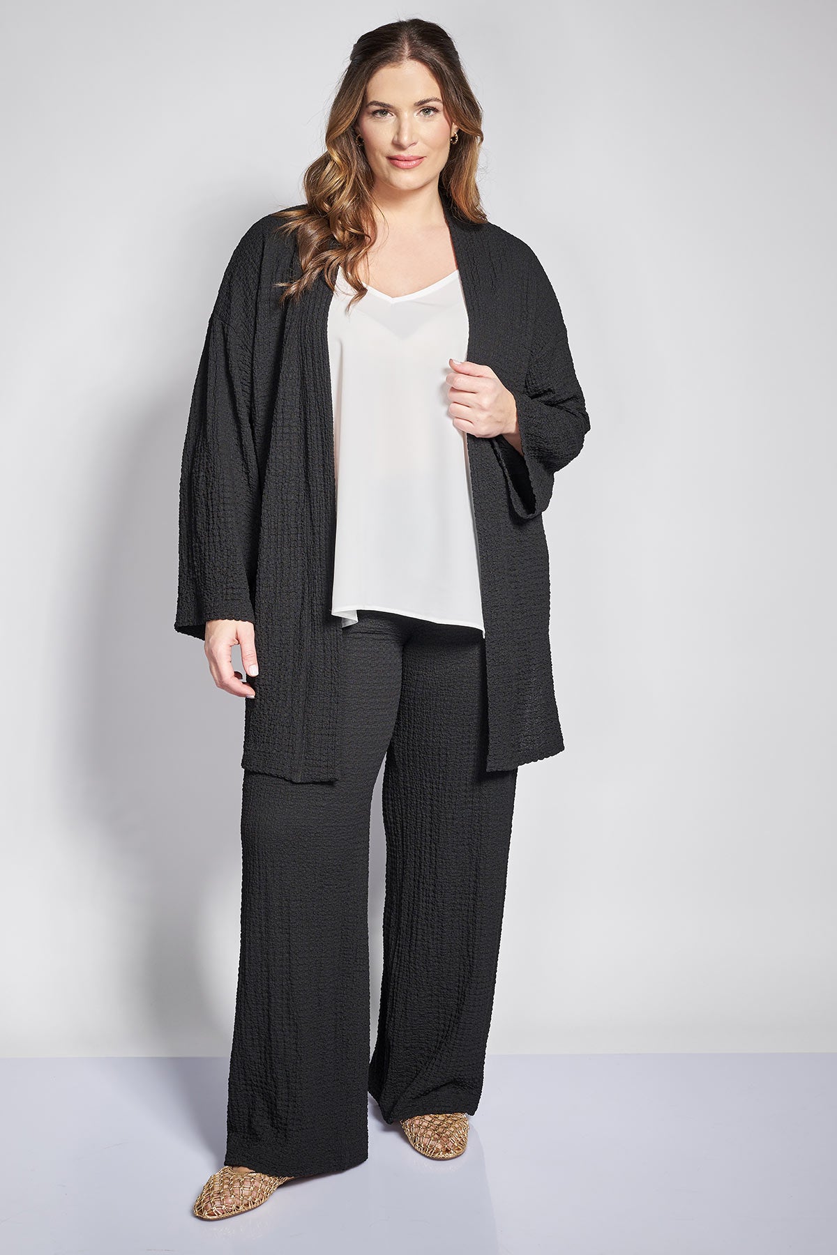 Seersucker jersey wide leg trousers - Black