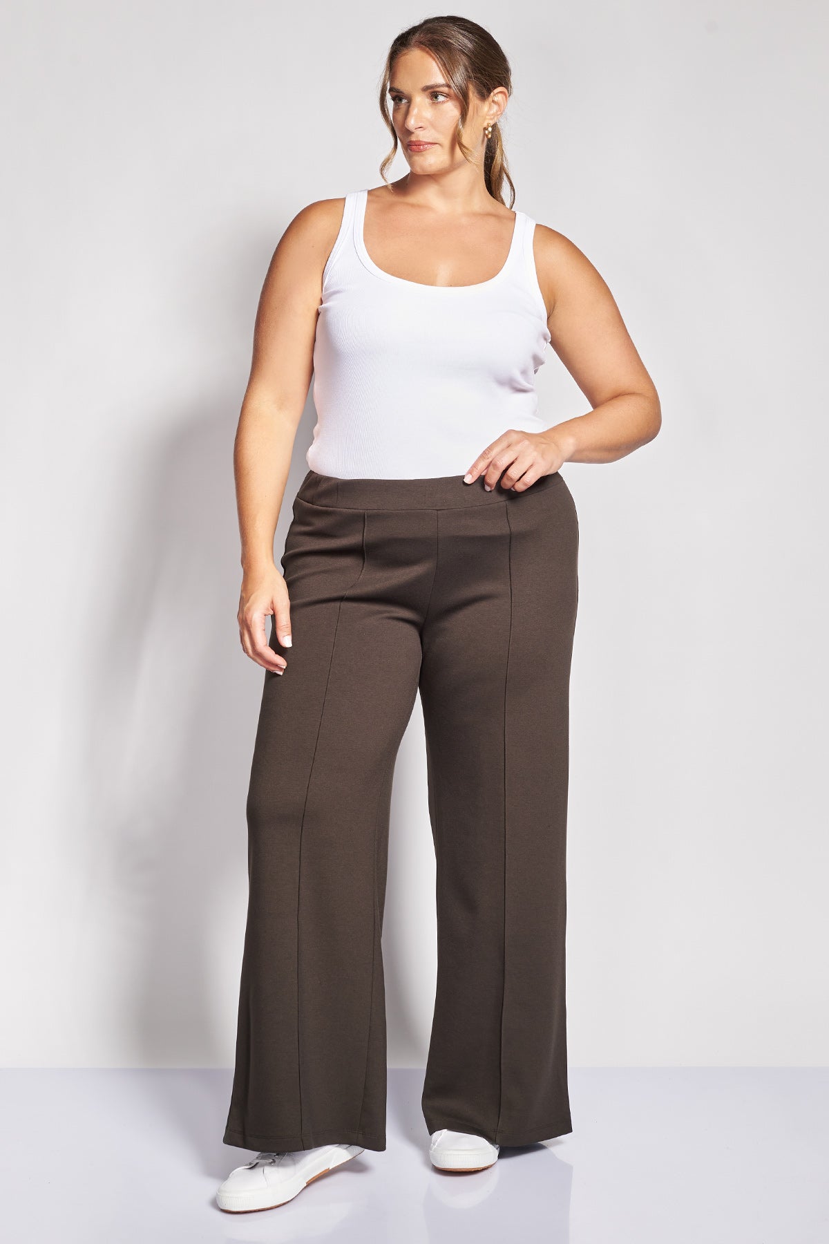 Παντελόνι φόρμας wide leg με νερβίρ scuba soft touch - Καφέ