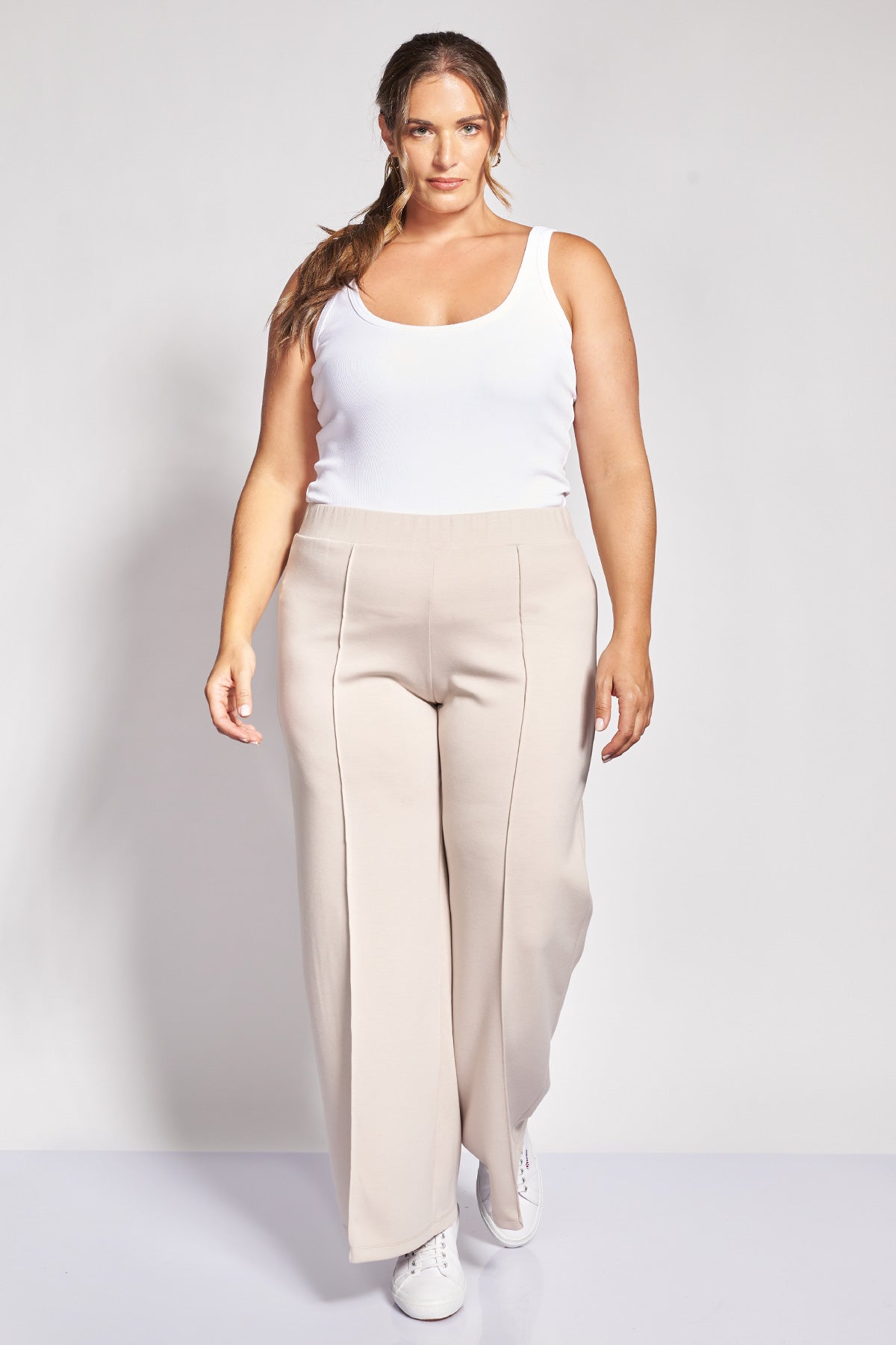 Παντελόνι φόρμας wide leg με νερβίρ scuba soft touch - Μπεζ