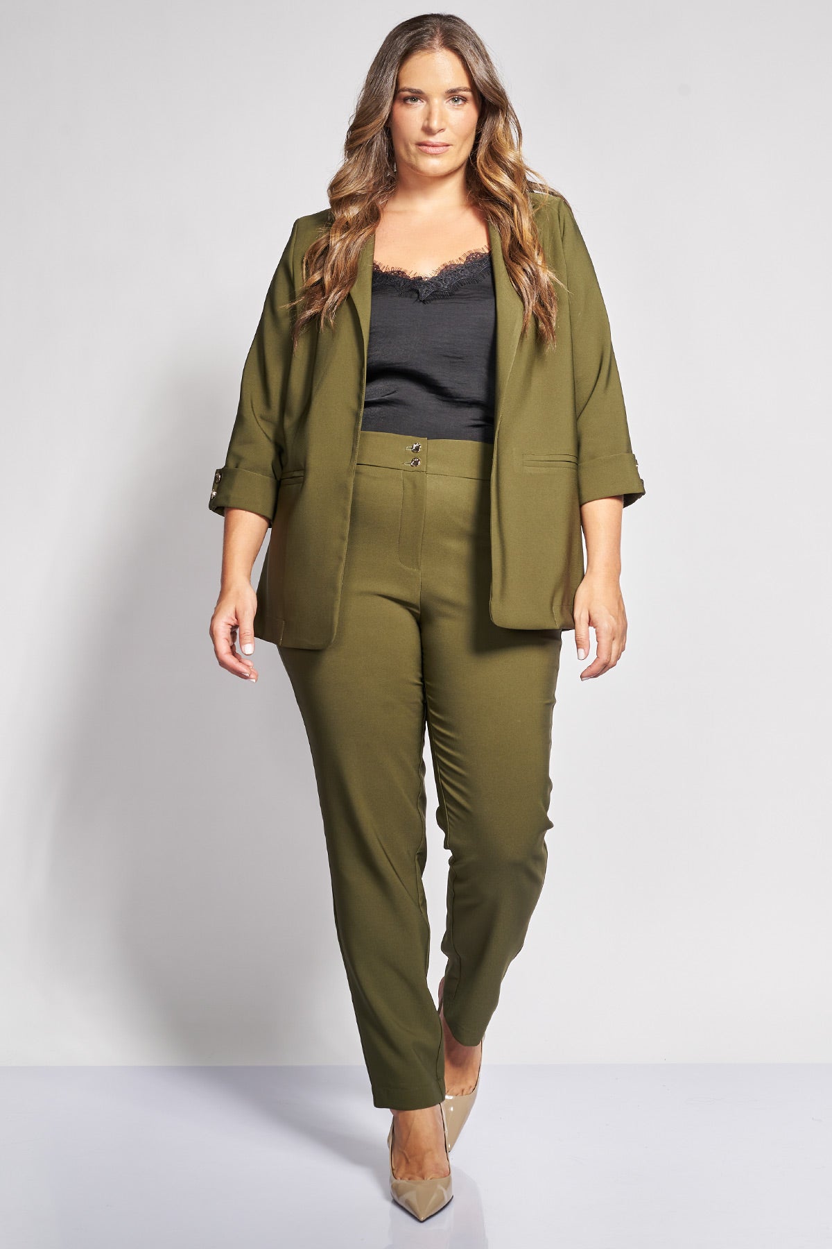Παντελόνι κοστουμιού κρεπ ανορθωτικό με διπλό κούμπωμα - Χακί
