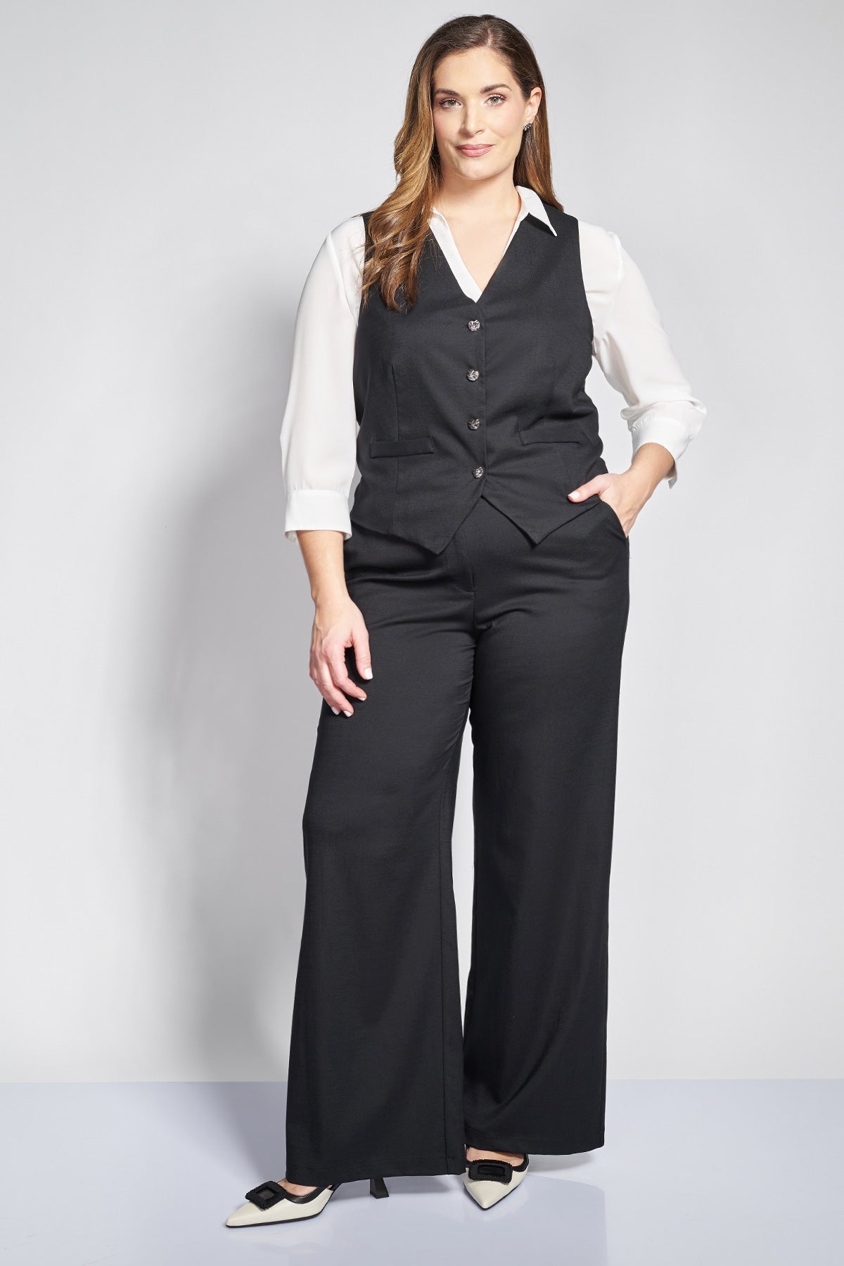 Παντελόνι σε linen look με φαρδιά μπατζάκια - Μαύρο