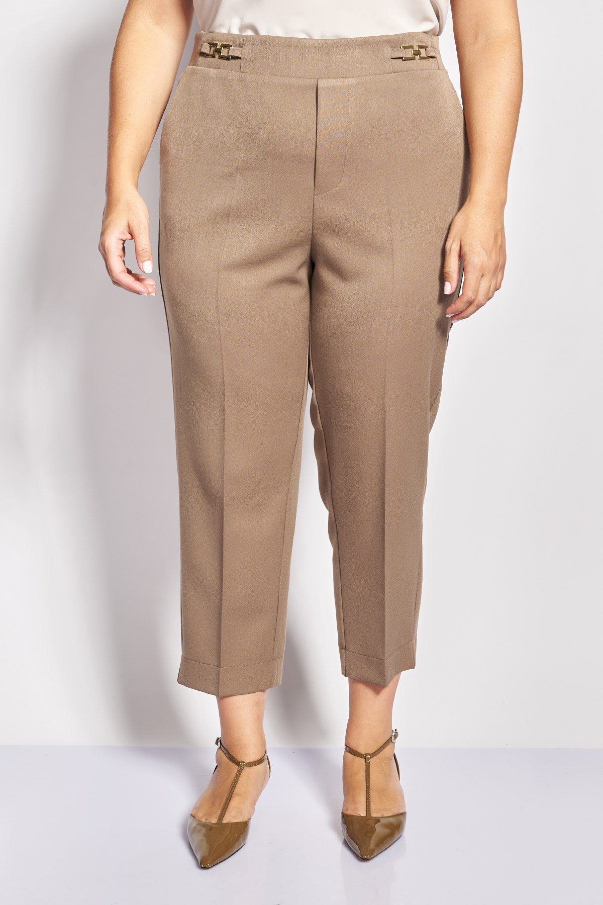 Peg παντελόνι twill με μεταλλικές αγκράφες στο ζωνάκι - Μπεζ