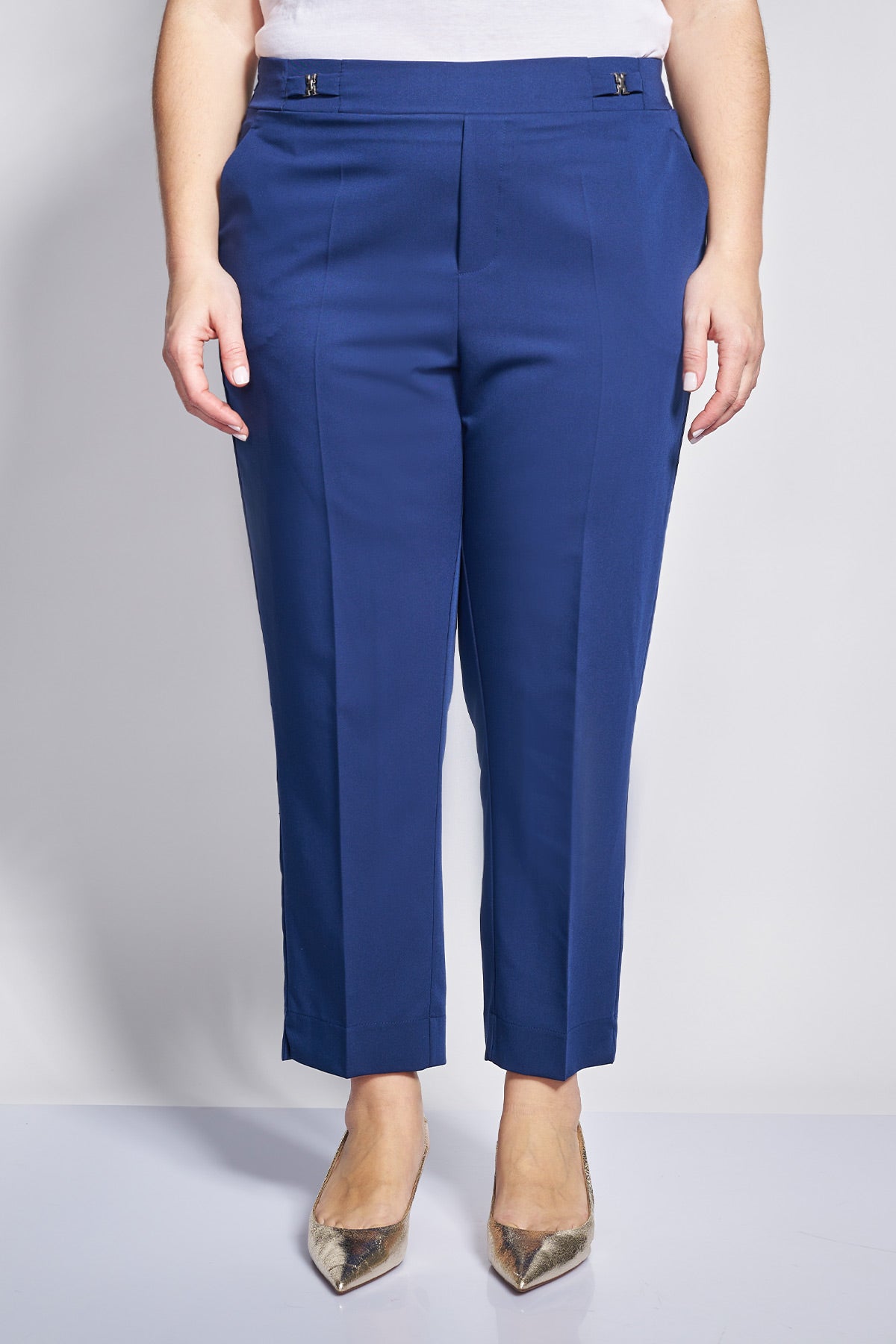 Peg twill TR pants with metal buckles on the waistband - Dark Blue