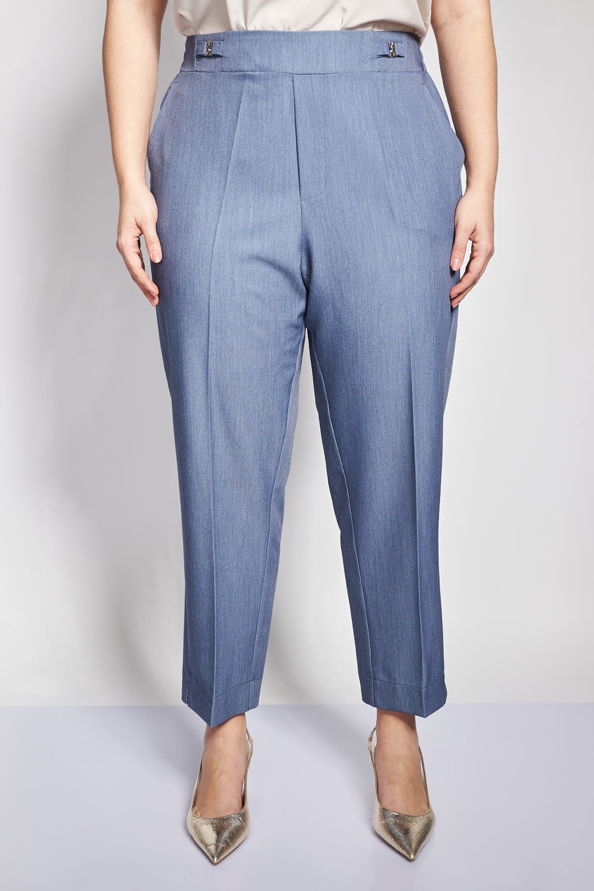 Peg twill TR pants with metal buckles on the waistband - Blue