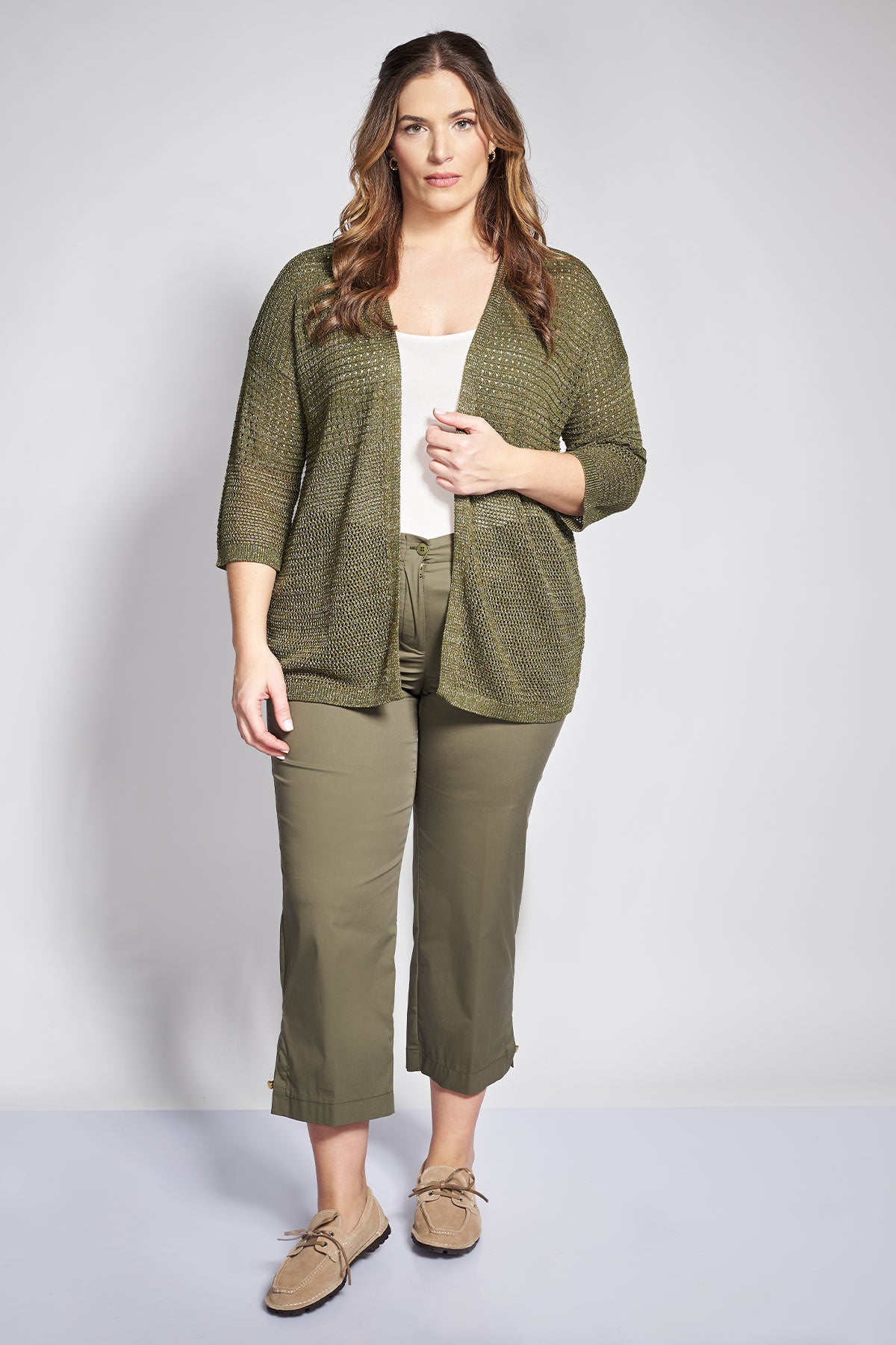 Knitted lurex open front cardigan - Khaki