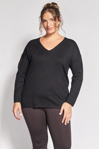 Essential V-Neck Long-Sleeve Knit Top - Black