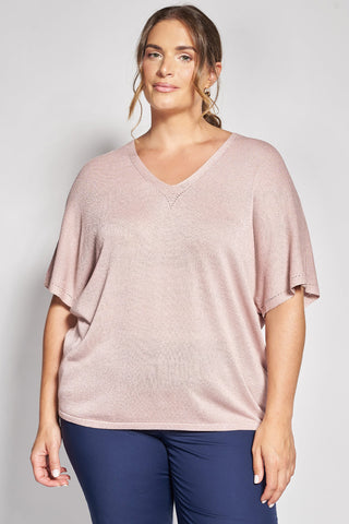 Short-sleeved knit blouse with a subtle shimmer - Pink