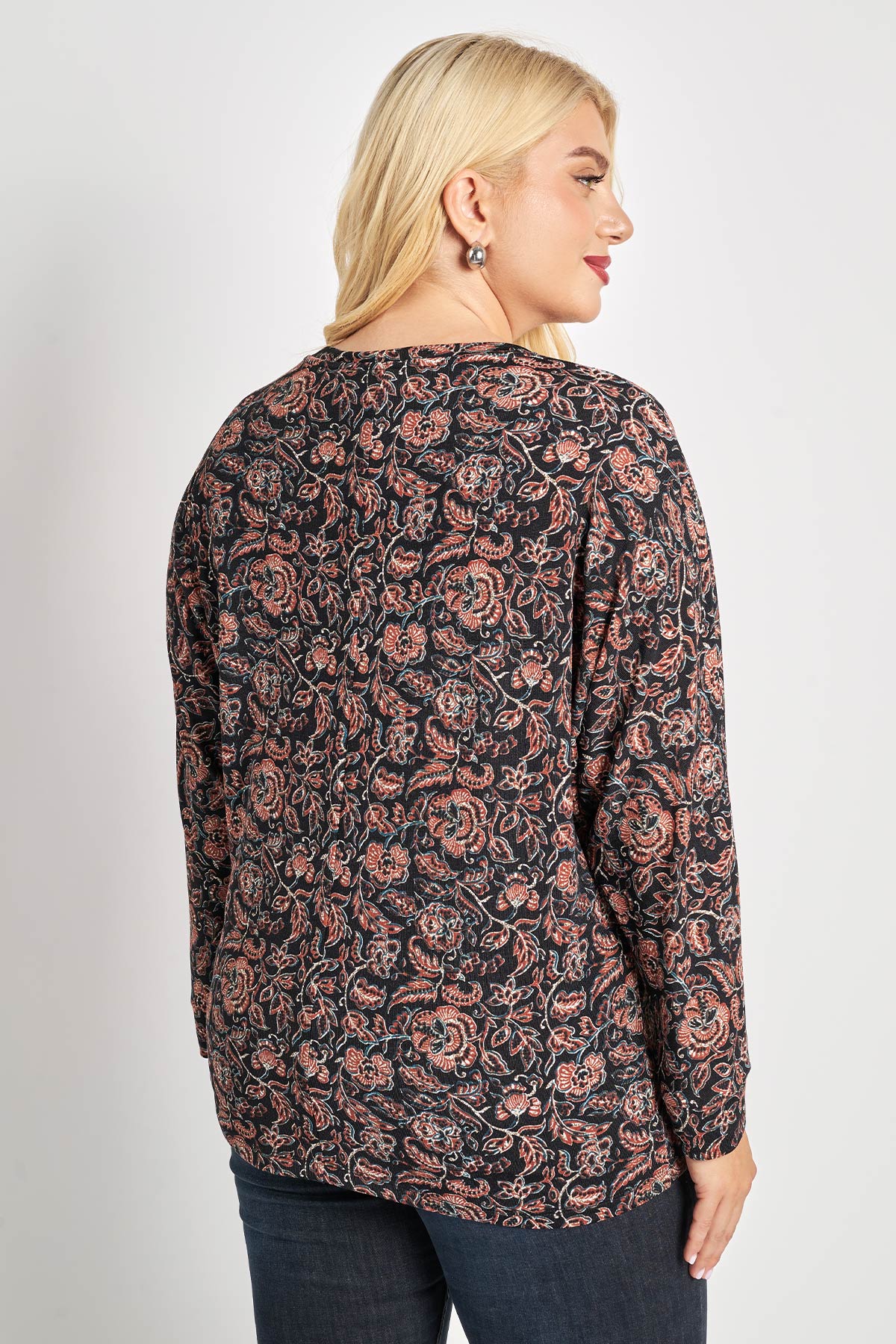 Κnit blouse with V-neck floral print - Black