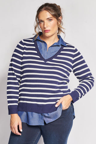 Striped Knit Top with Integrated Denim Shirt Detail - Blue
