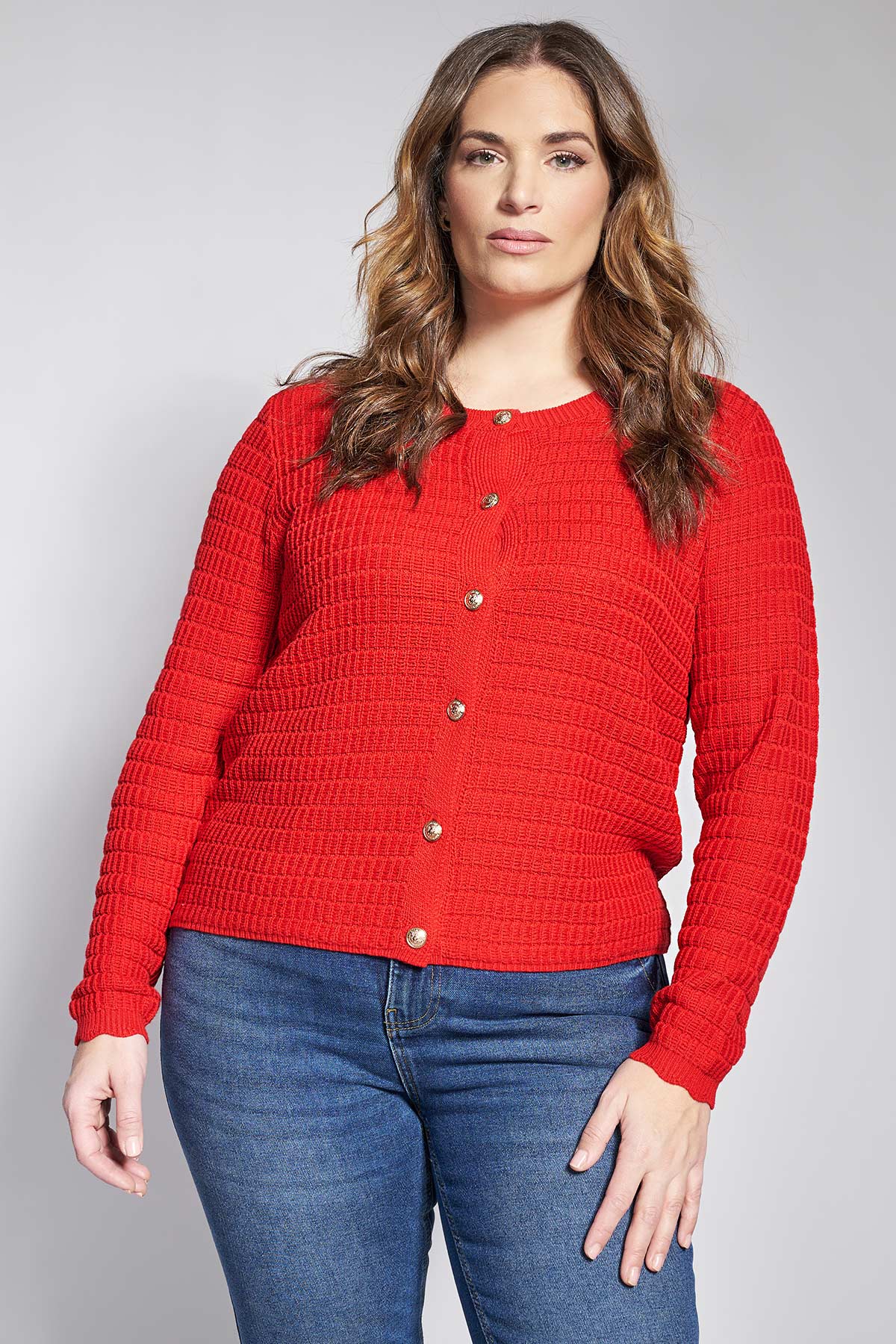 Knitted cardigan with gold buttons and round neckline - Red