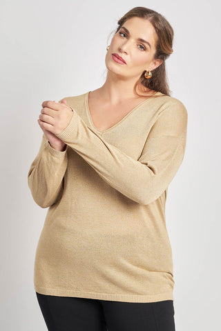 Knitted lurex top with V - Beige