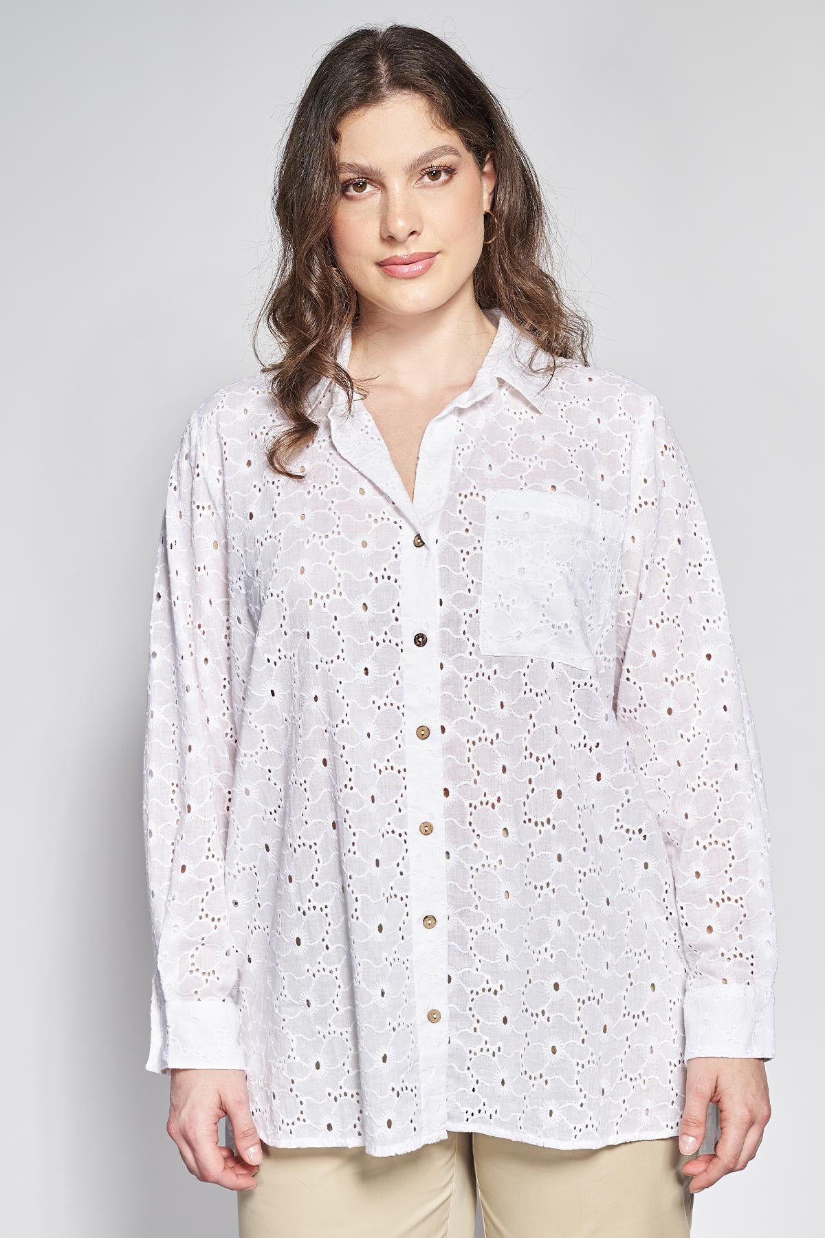 Cotton broderie anglaise long shirt - White