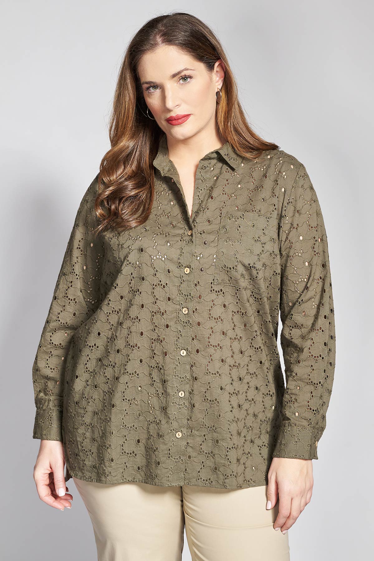Cotton broderie anglaise long shirt - Khaki